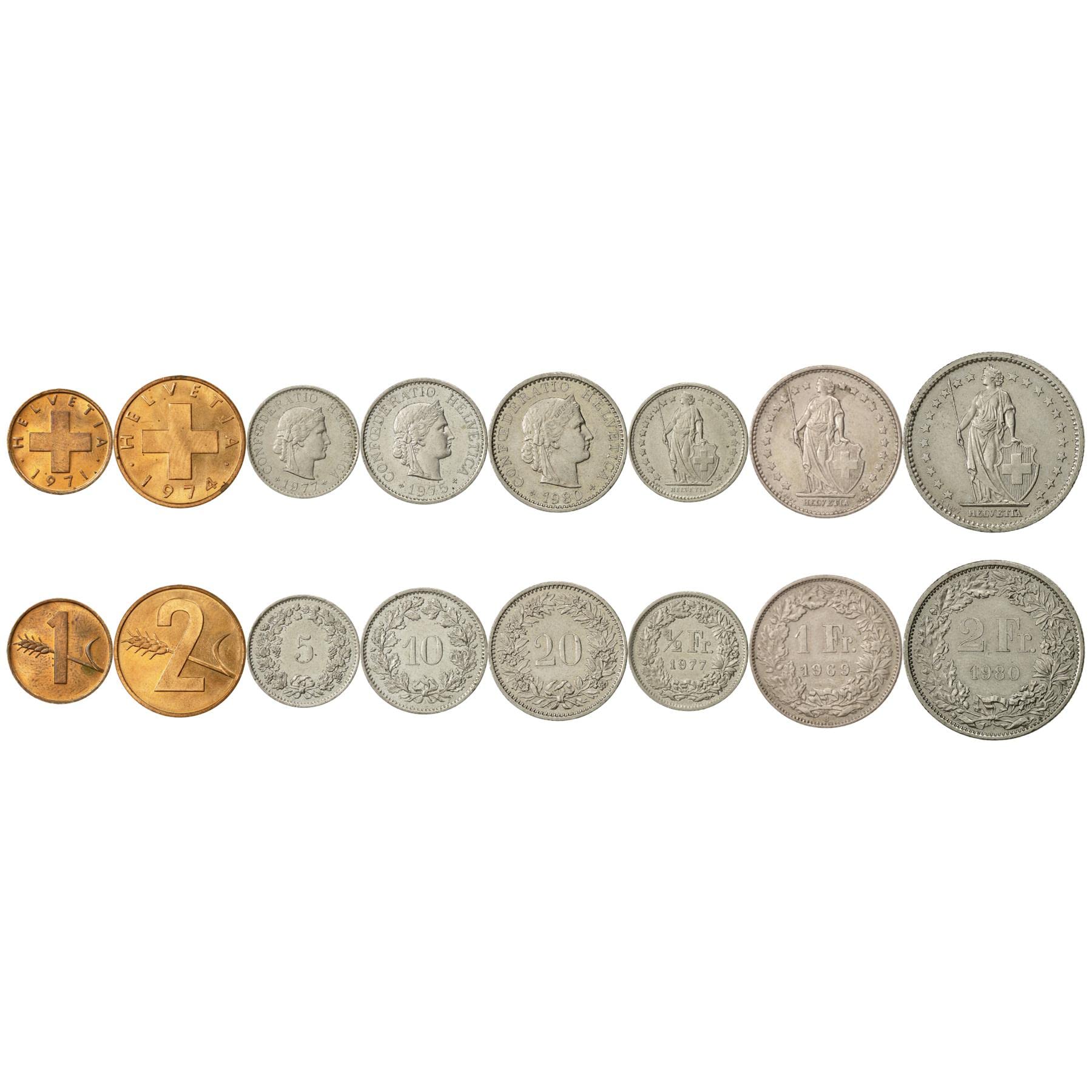 8 monedas de Suiza | Colección de monedas suizas 1 2 5 10 20 Rappen 1/2 1 2 Francos | Circuladas 1968-1980 | Trigo | Libertas | Helvetia