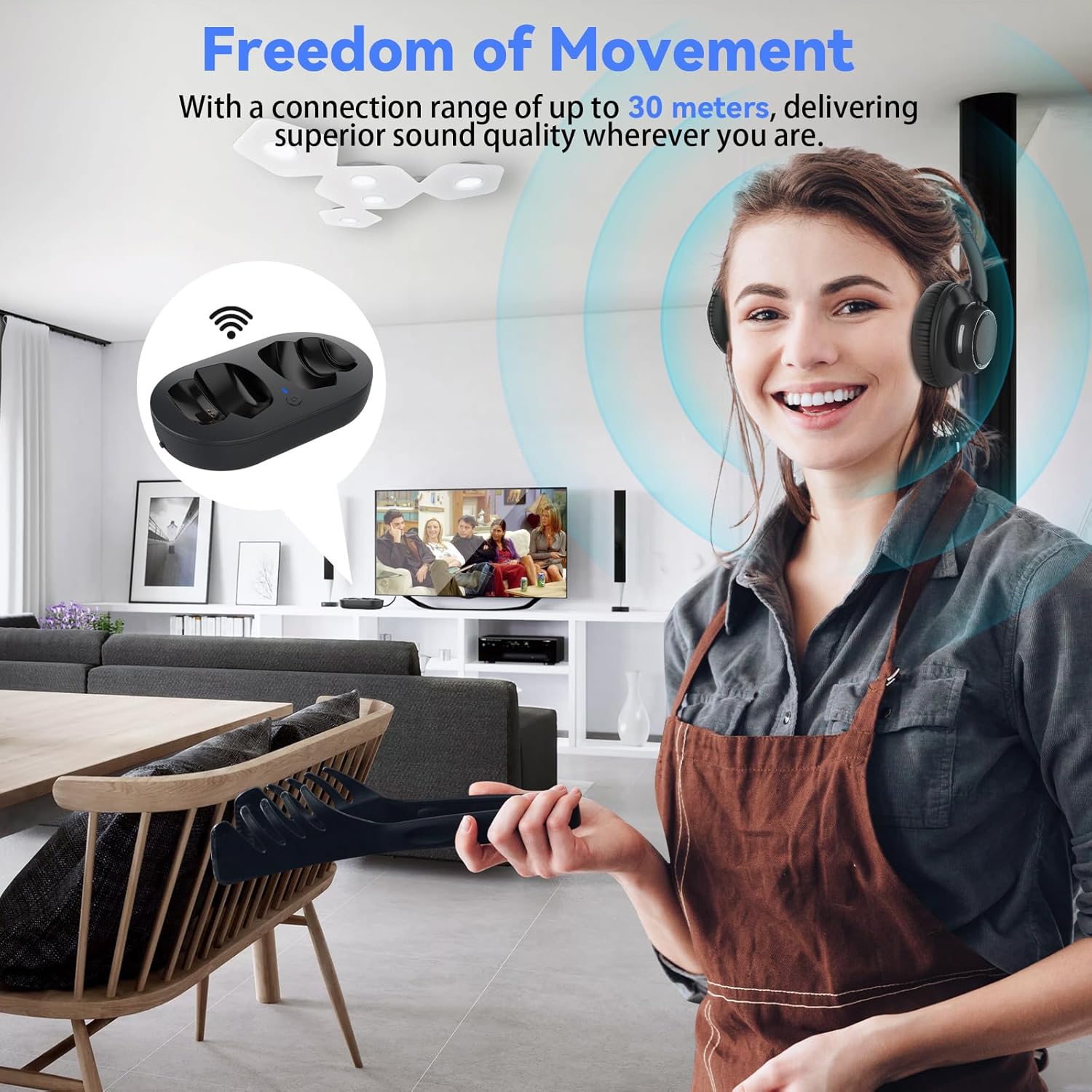 A woman wearing ANSTEN headphones moving freely in a living room, demonstrating the 30-meter connection range from the TV and transmitter.