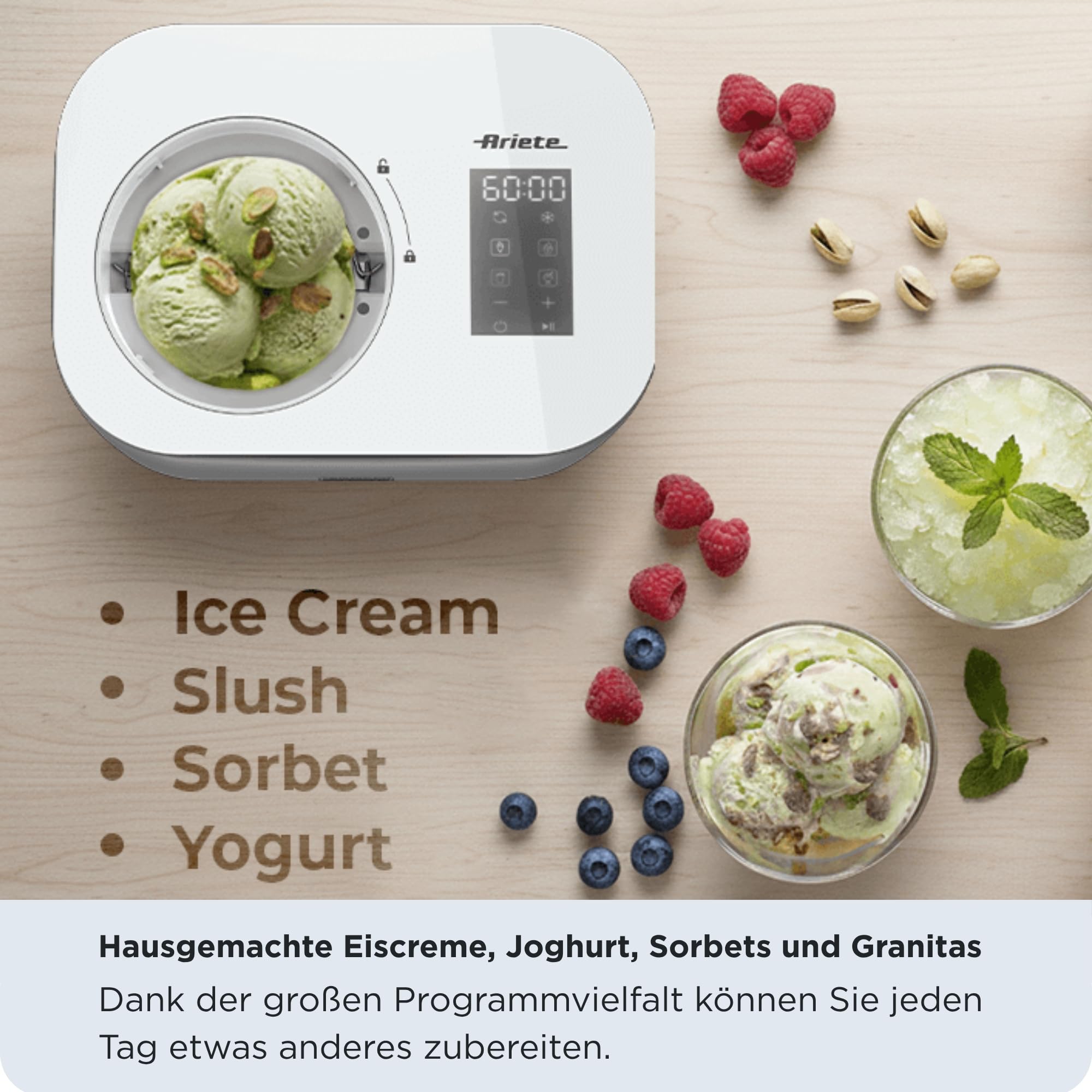 Ariete 644/00 Gran Gelato 4in1 Eismaschine, Eismaschine mit Kompressor, Eiscreme, Joghurt, Sorbet und Granita, 30-60 Minuten, Kalthaltefunktion
