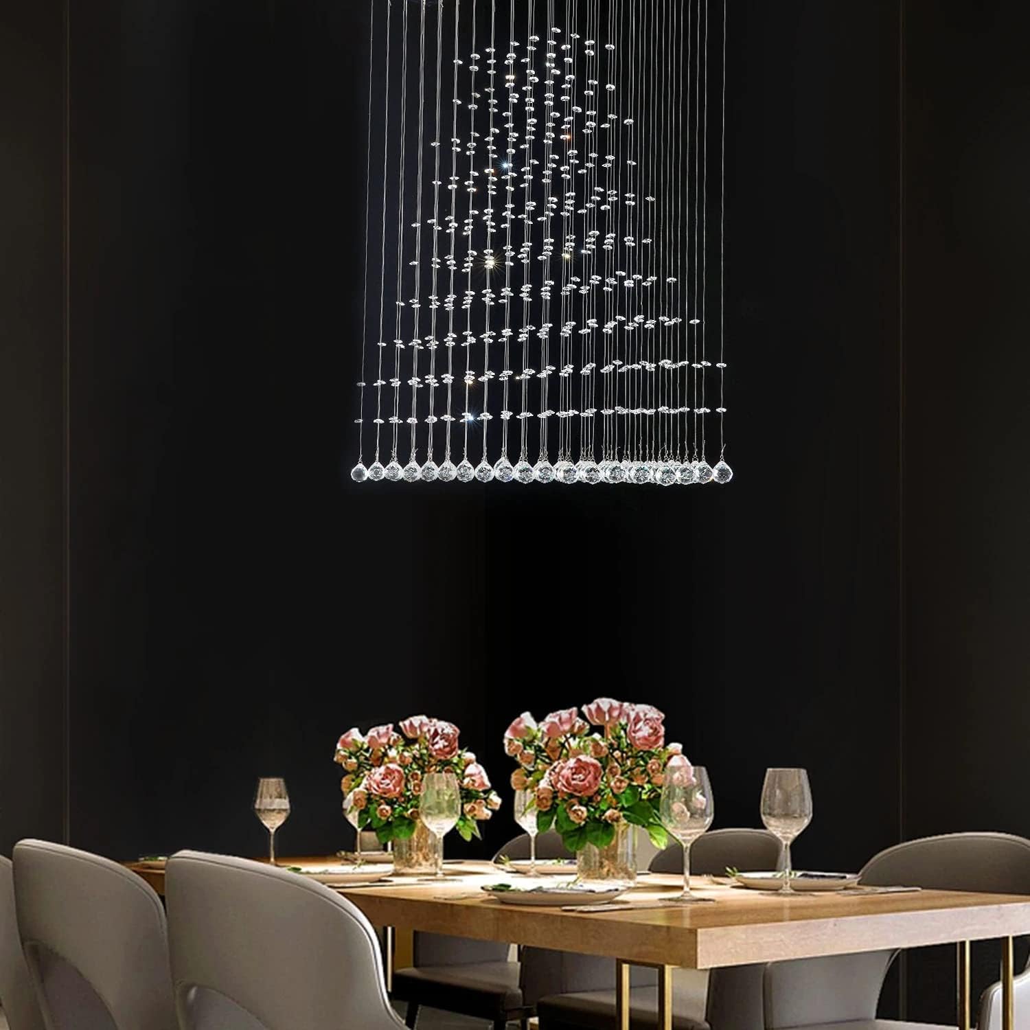 Best Deal Product 7PM Modern Crystal Rectangle Chandelier Raindrop Ceiling Light Fixture for Kitchen Island Dining Room Living Room L40 x W10 x H40 Inches
