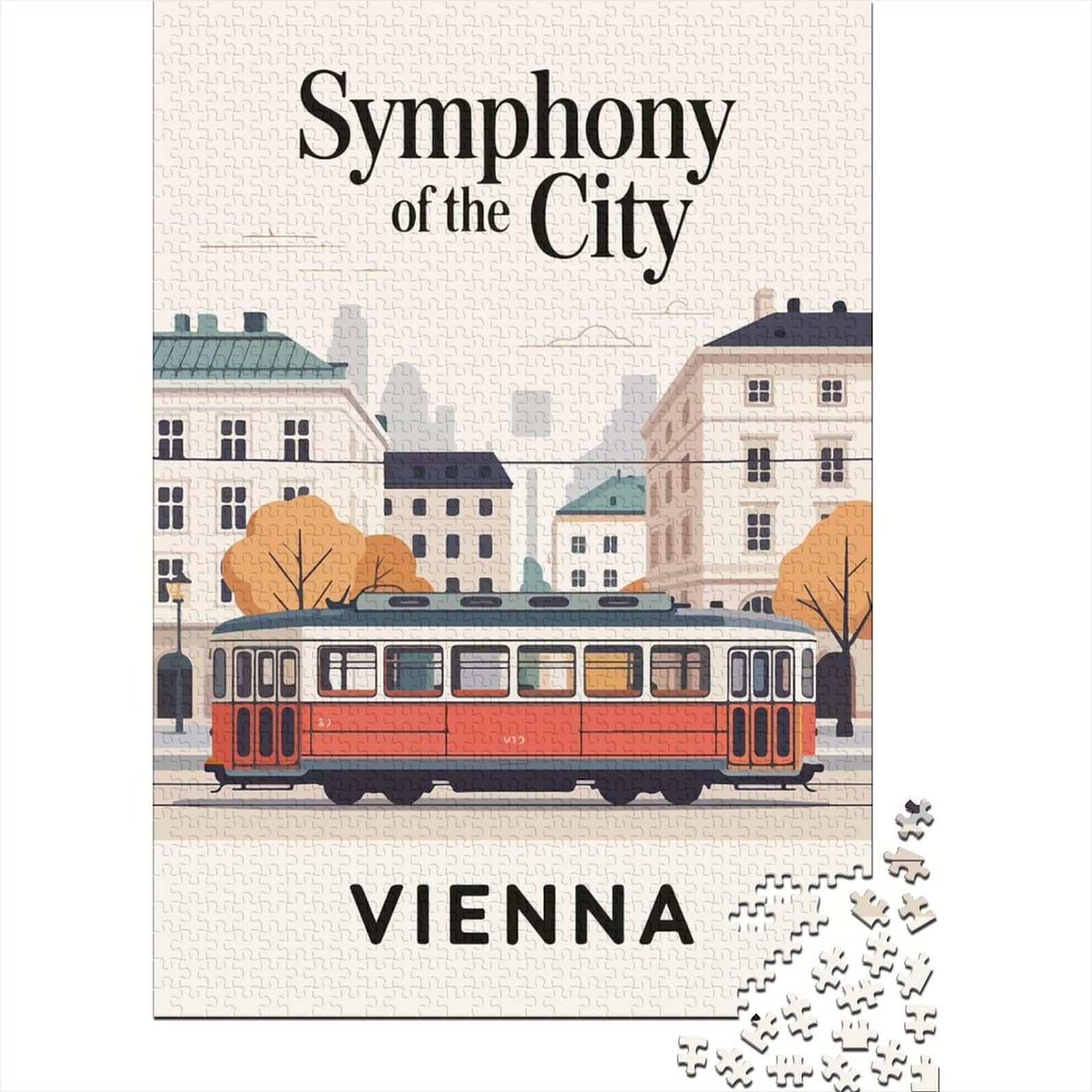 Vienna City Tram Poster 1000 Piece Jigsaw Puzzle, Asian Architecture Inspired View, Thick Cardboard Pieces, Birthday Gift for Puzzle Lovers, Gift Idea, 70x50cm/1000pcs