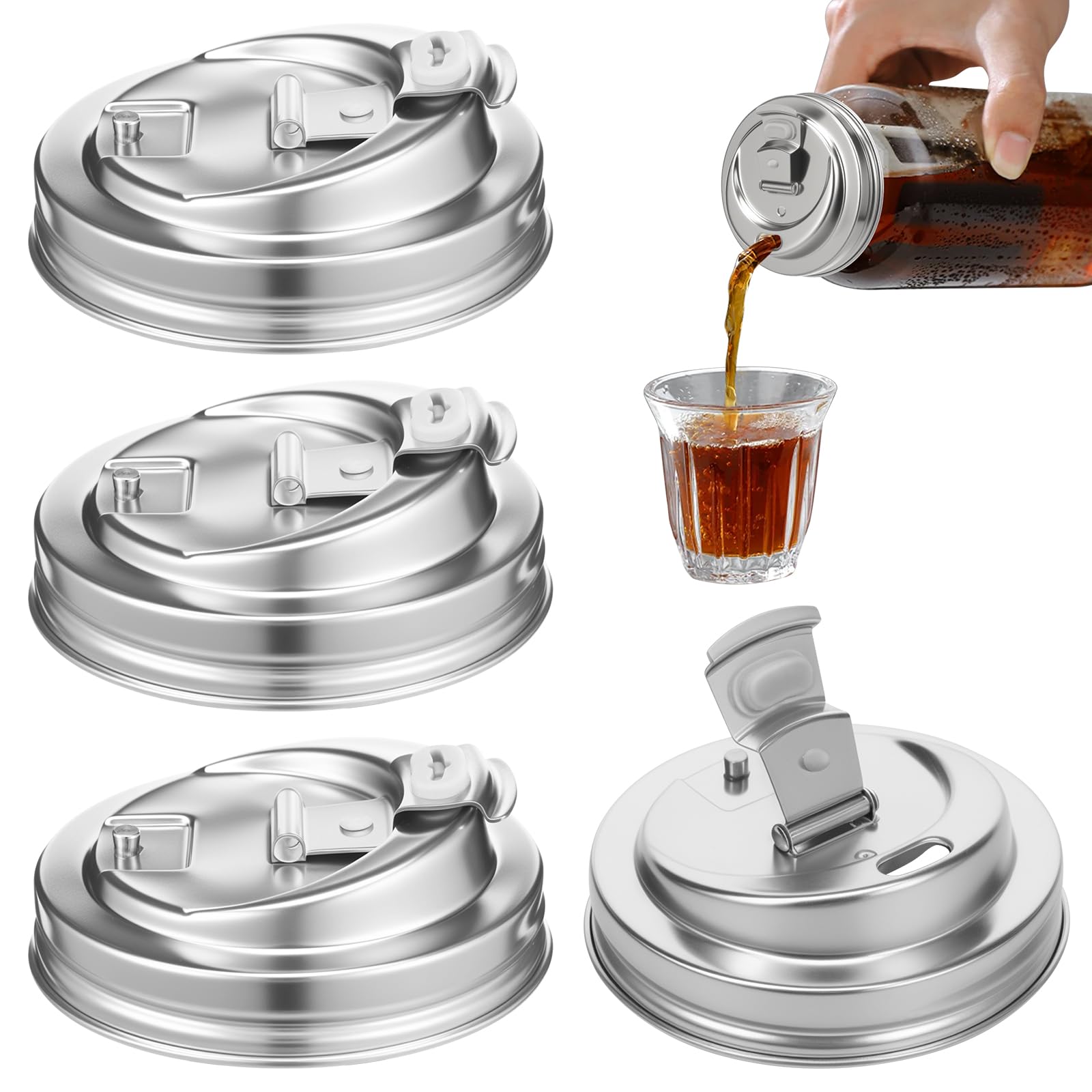 Rhaiqbvc Sliver 4 Pcs Stainless Steel Mason Jar Drinking Lids,Leak Proof Reusable Wide Mouth Masons Jar Sip Lid For Home Brewing Fruit Fermenting Beverages,Fits 3.38 Inch Wide Mouth Mason Jars