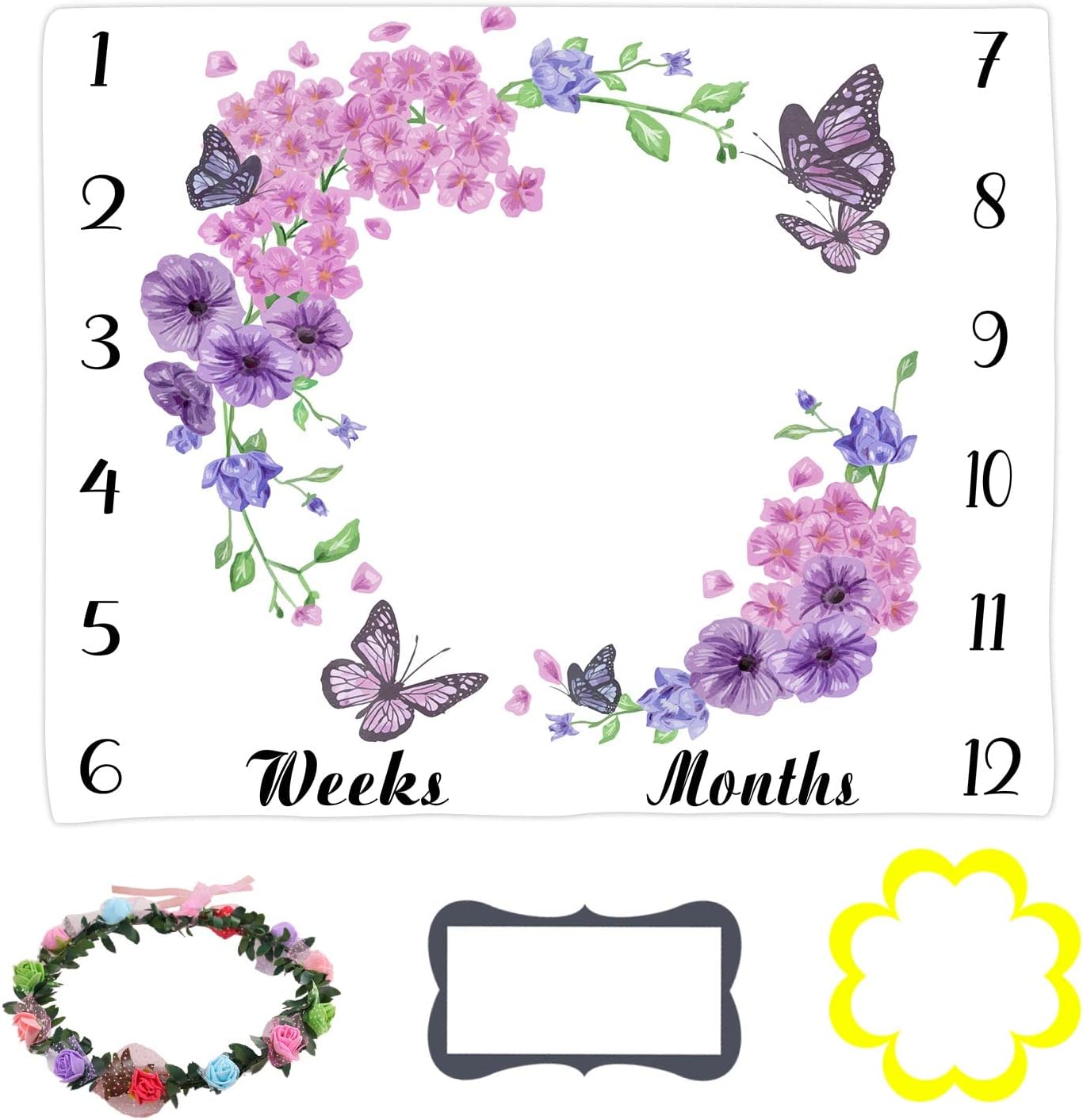 Baby Monthly Milestone Blanket - Floral Butterfly Pattern, Purple, 48x40 Inch, Swaddling & Photo Memory Blanket for Girls - Image 2