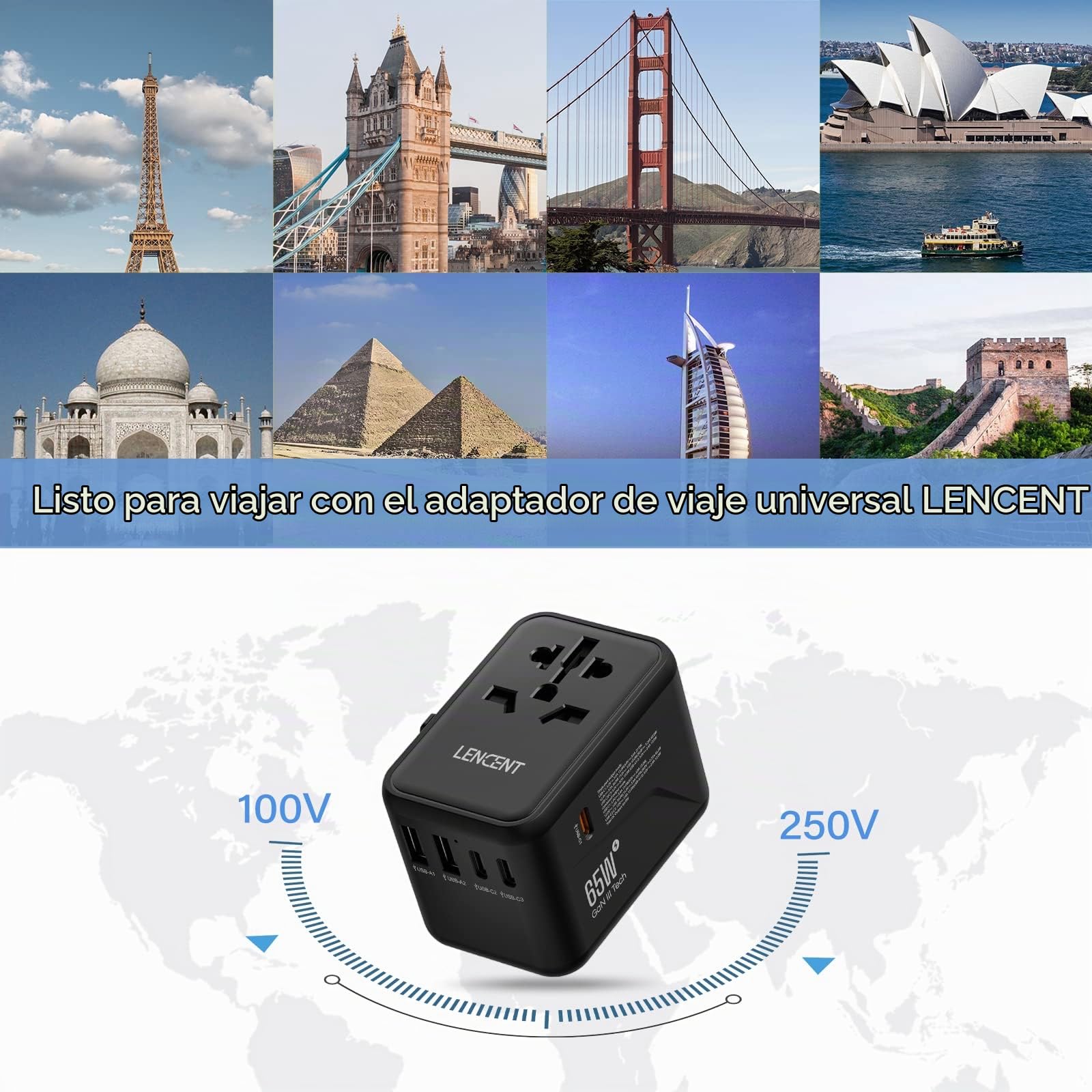 LENCENT Adaptador Enchufe Universal GAN III 65W, Cargador Internacional