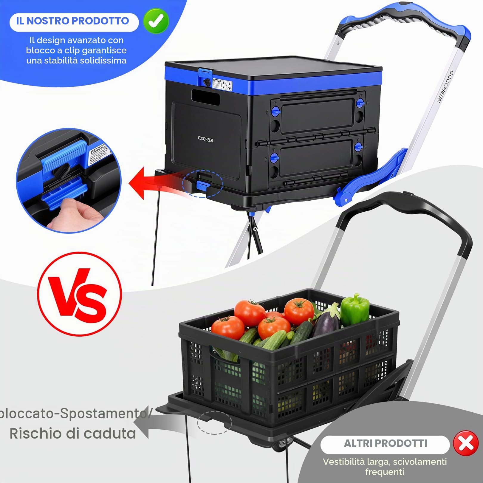 COOCHEER Carrello Trasporto Pieghevole - 90kg Carico Max, Trolley 2 Livelli con Cesto Removibile, Sistema One-Click 3s, Altezza Regolabile - Spesa, Casa, Magazzino & Viaggio