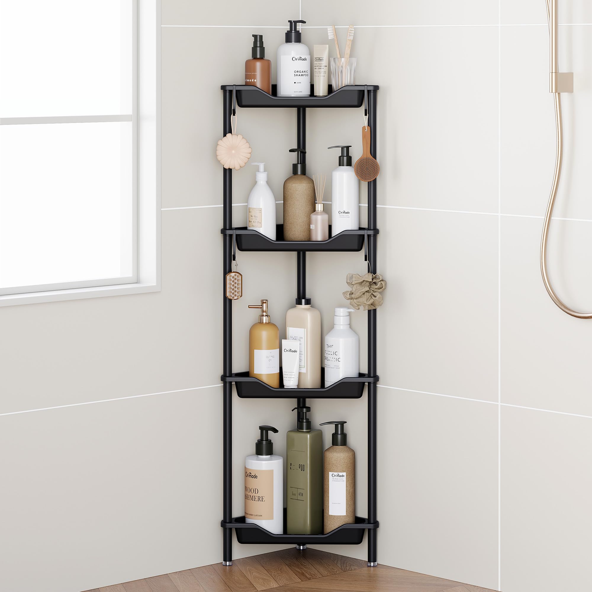 Estante de esquina para baño Orimade negro de 4 niveles para un hogar moderno y ordenado