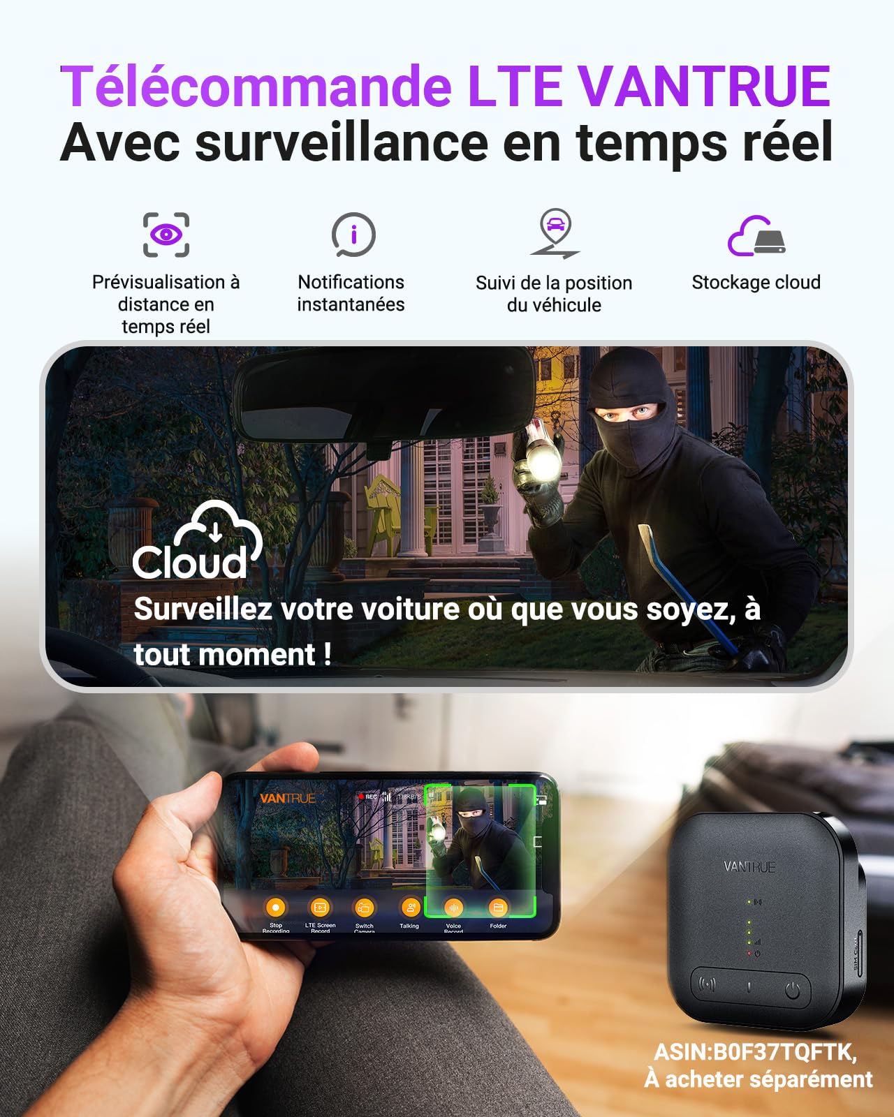 VANTRUE Dashcam Voiture S1 Pro Max 4K+4K Starvis 2 Avant et Arrière, Caméra embarquée 5G Wi-FI Dash Cam GPS 360° HDR Tampon Surveillance de stationnement,Contrôle Vocal Français，LTE en Option Max 1To