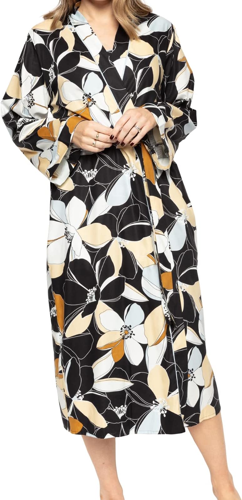 Cyberjammies Beth 9383 Women's Black Floral Print Cotton Wrap Front Robe