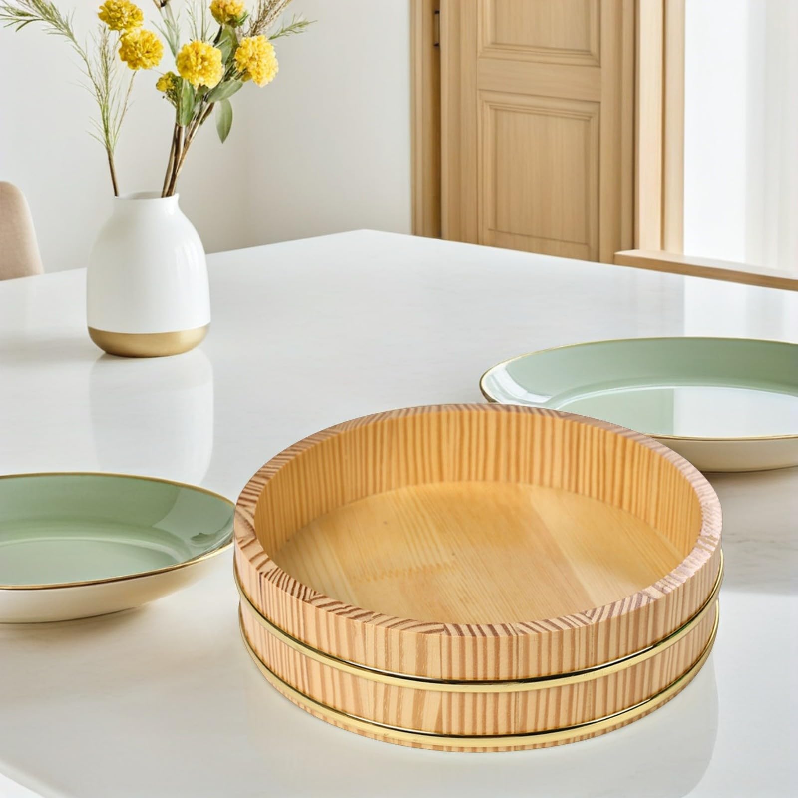 Cuenco Capacidad Grande de Madera con Borde Dorado Hangiri Japonés Elegante y Refinado para Sushi y Sashimi para Reuniones Familiares y Mesa de Comedor