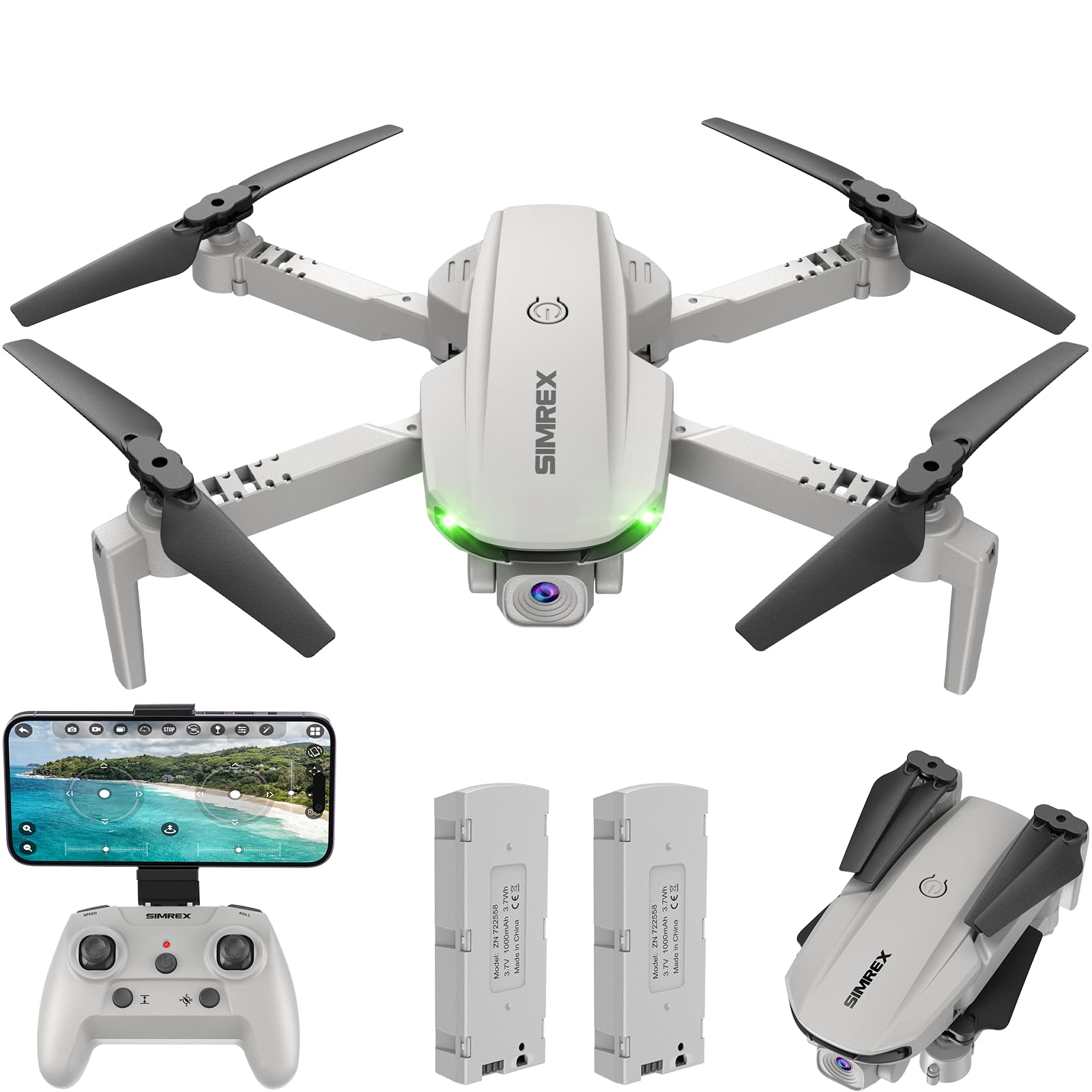 SIMREX Drone Con Fotocamera 1080P – Pieghevole, One Key Start, Waypoint, Autofollow, Modalità Senza Testa, 3D Flip, Per Bambini E Adulti, Nero