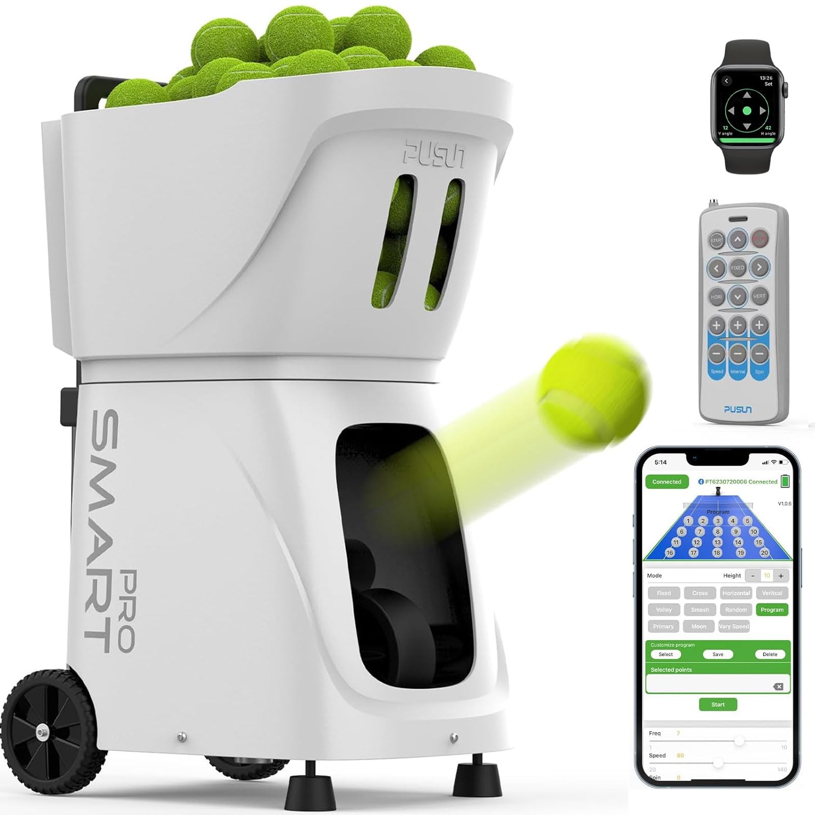 PUSUN PT-Smart PRO - Macchina portatile per palline da tennis per sport all'aria aperta, alta capacità, con app/telecomando, frequenza di servizio 1,8-8s, ideale per principianti di tennis