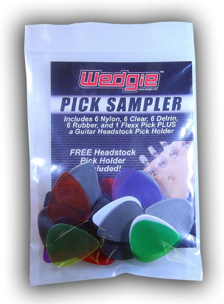 Wedgie WPSP-1 Guitar Pick Sampler Pack and Headstock Pick Holder. 6 Nylon, 6 Clear, 6 Delrin, 6 Rubber, and 1 Flexx (25 Count)