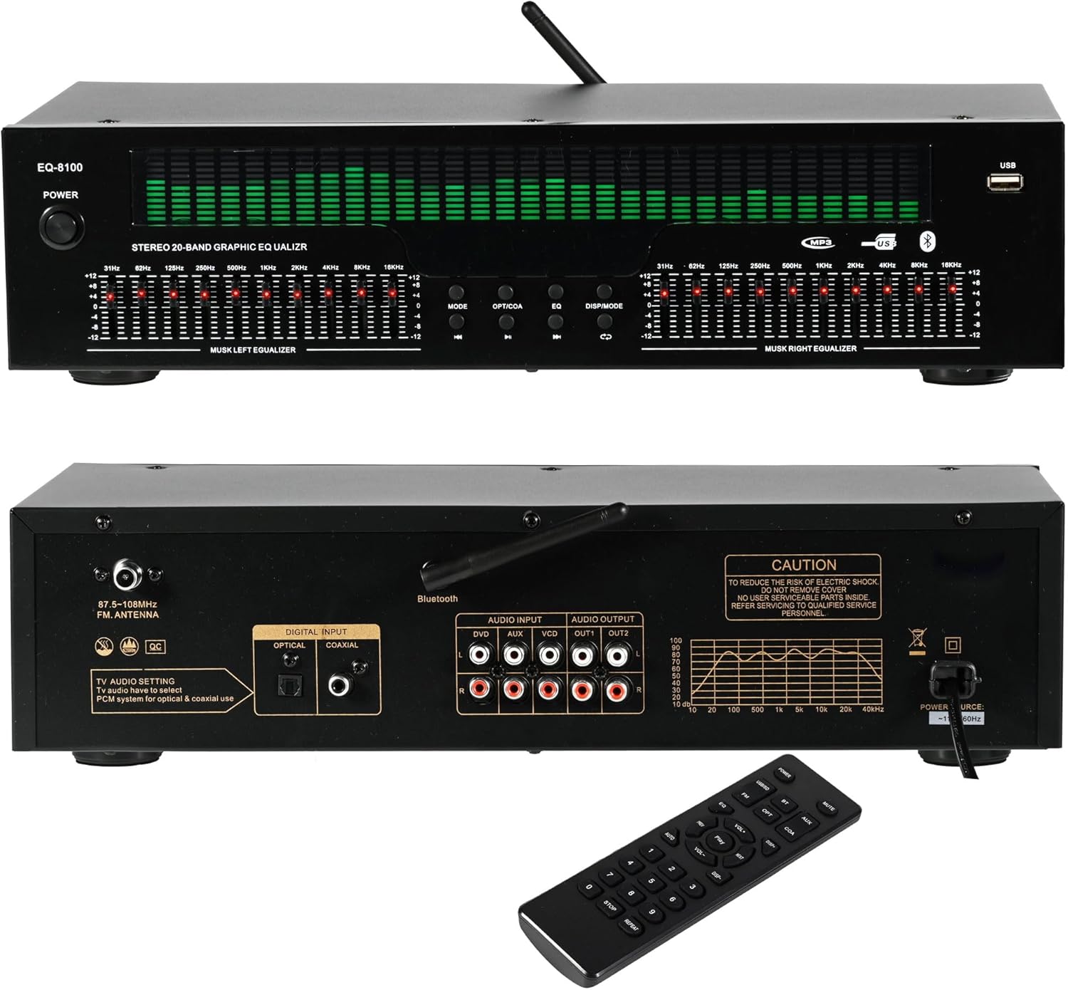 EQ8100 20-Band Graphic Equalizer, 31-Band Spectrum Analyzer, Bluetooth 5.4 Home Stereo Equalizer with Spectrum Display for Stage, Concert, Recording Studio, Optical Fiber/Coaxial Input, Rack Mounted