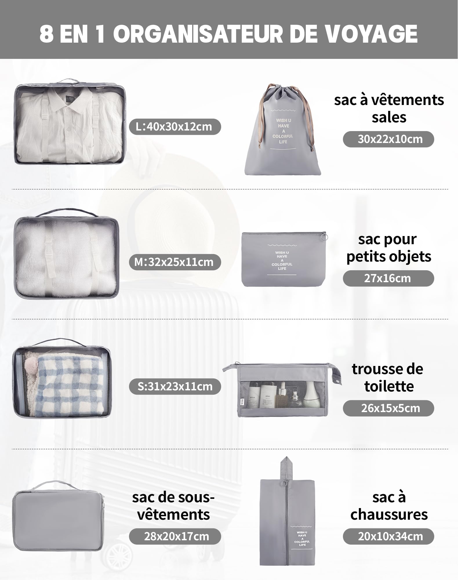 8 Pezzi Organizer Valigia,Beige Packing Cubes Organizer set valigie,Cubi impe