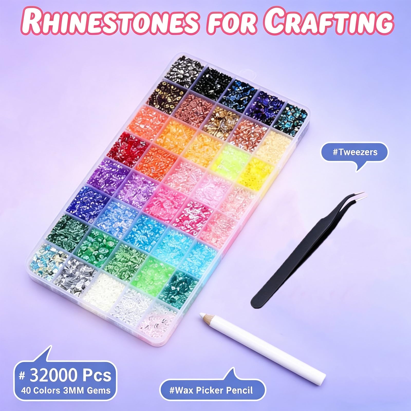 40 Colors 32000Pcs 3mm Resin Rhinestone Bedazzling Kit - Flatback Crystal Gems for Clothing, Shoes, Nails, DIY Crafts & Decorations - 2