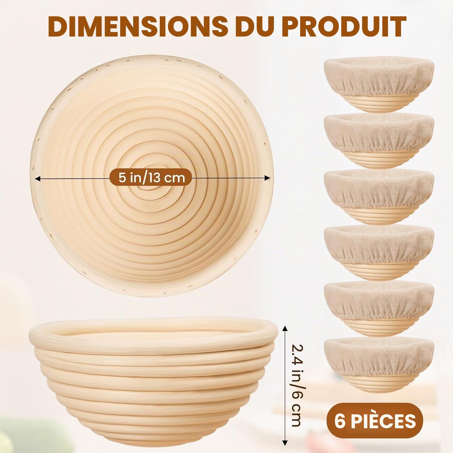 Lot de 6 paniers de fermentation ronds en rotin naturel de 15 cm pour pain