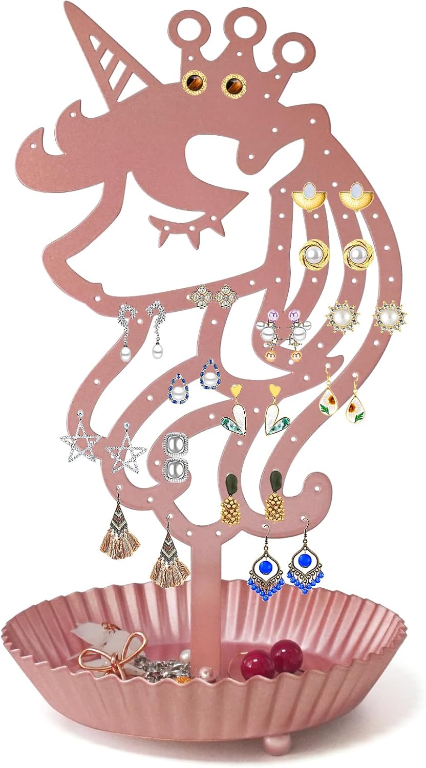 Unicorn Earring Holder Organizer Decor Stud Earrings Tree 81 Holes,Jewelry Earring Display,Metal Earring Storage Stand with Tray Gift for Teens Girls Kids Women (Black)