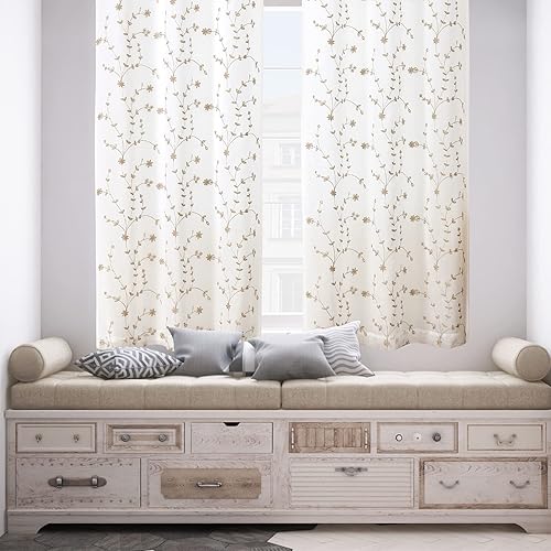 Miniatura 9 de Bujasso Cortinas semitraslúcidas con estampado de hojas bordadas y forradas de 84 pulgadas, cortinas de ventana con patrón de hojas bordadas con