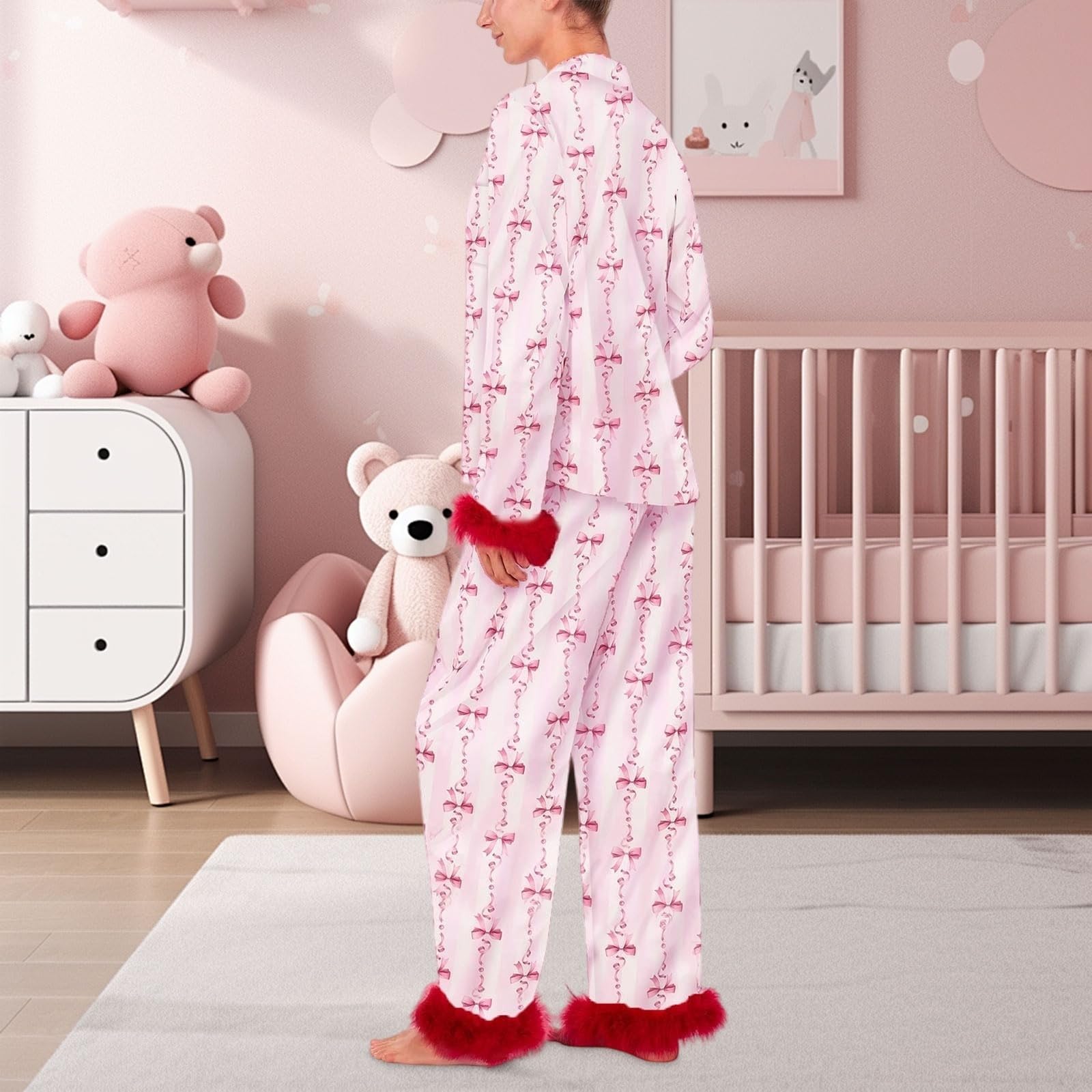 Conjunto de pijama de seda para mujer con diseño de corazón y lazo, camiseta de manga larga y pantalones, ropa de dormir de 2 piezas, pijama de satén lujoso para mujer, estampado de corazón y