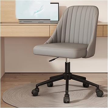 Mid-Back Home Office Desk Chairs No Wheels,PU Padded Comfortable Armless Computer Chair Adjustable and Reclining Swivel Legged Task Chair for Makeup,Gray-1-Rotating wheel