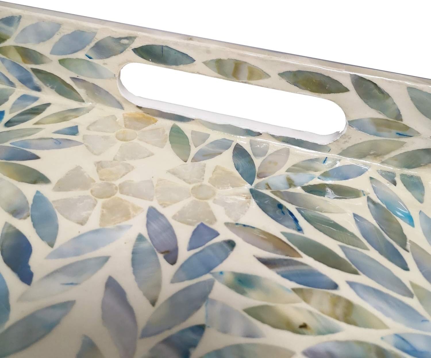 i-lan Creative Rectangular Mother of Pearl Severing Tray Lacquer Wooden Decorative Tray Handmade Shell Serving Tray with Handles and 2 Inch Side, Large Beige Blue Inlay Nacre Ottoman Tray (15.75")