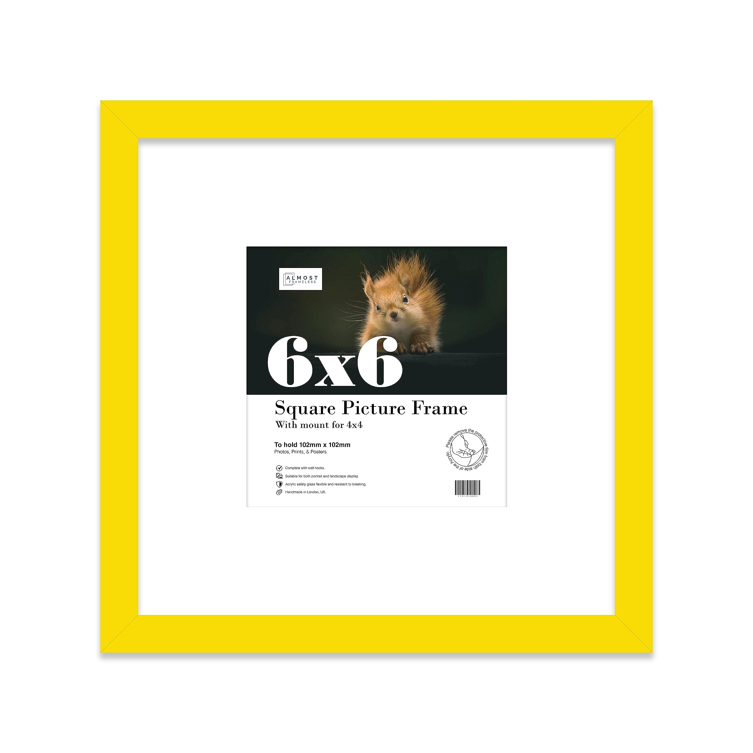 6x6 Yellow Picture Frame with Mount for 4x4 Photos, Prints - Modern Square Wall Frame, 1 Pack