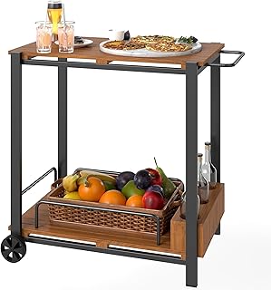 Outsunny Acacia Wood Outdoor Bar Cart, Rolling 2-Tier Outdoor Bar Table ...