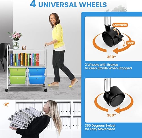 Miniatura 3 de COSTWAY Carrito de almacenamiento rodante con 4 cajones, 2 estantes, carrito organizador de utilidad para oficina en casa con ruedas, carrito de