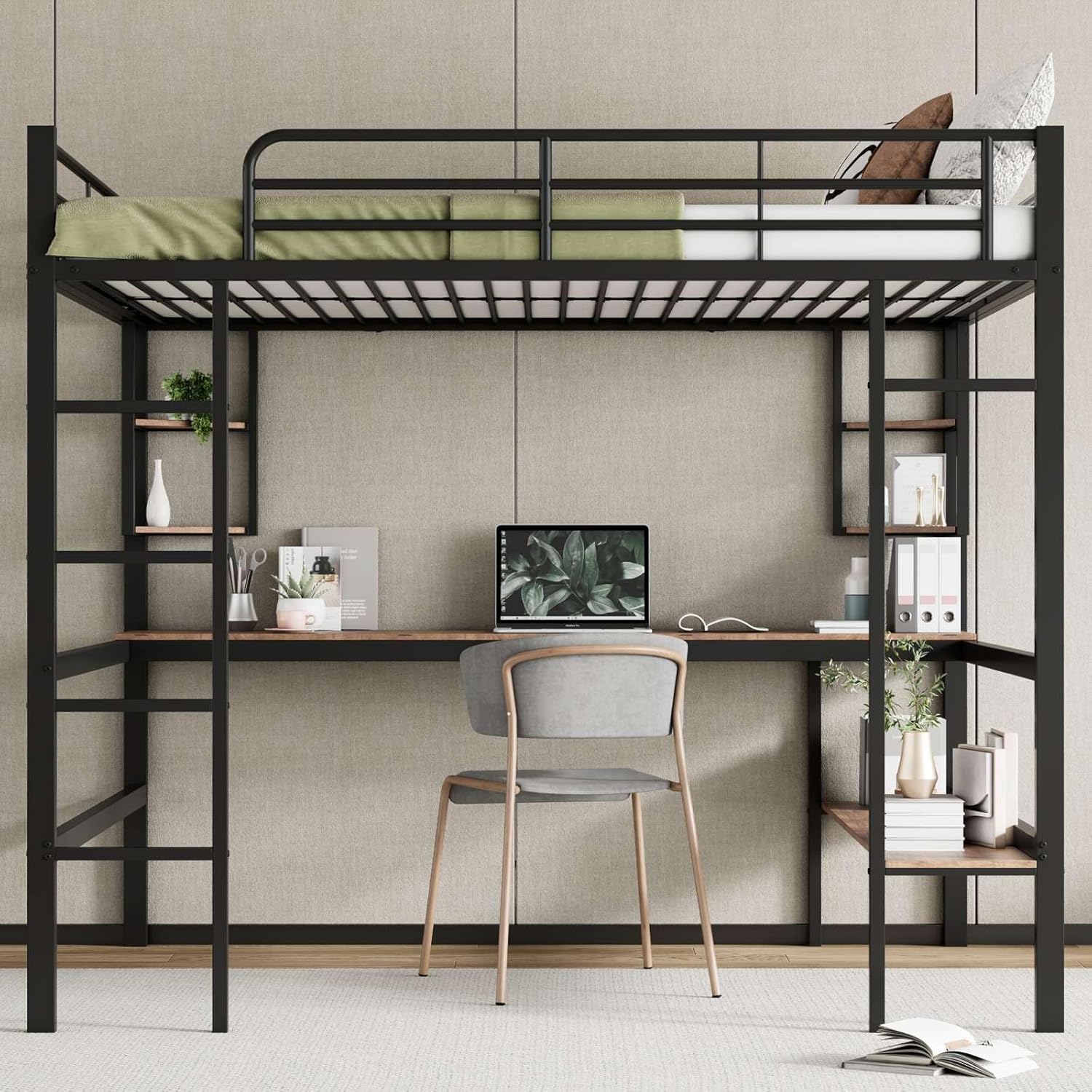 PUGSDRLY Loft Bed with desk and shelves in a room setting