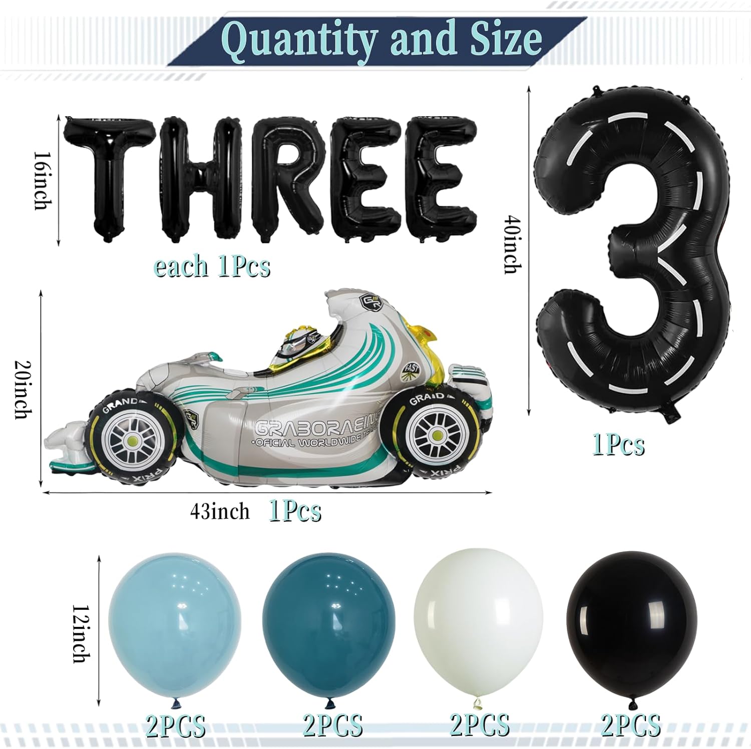 22pcs Race Car Themed Party Decorations, 3rd Fast Birthday Party Supplies, Tire Checkered Foil Mylar Balloons, 40inch Number 3 Boys Race Car Party Decoration Supplies (Number 3)