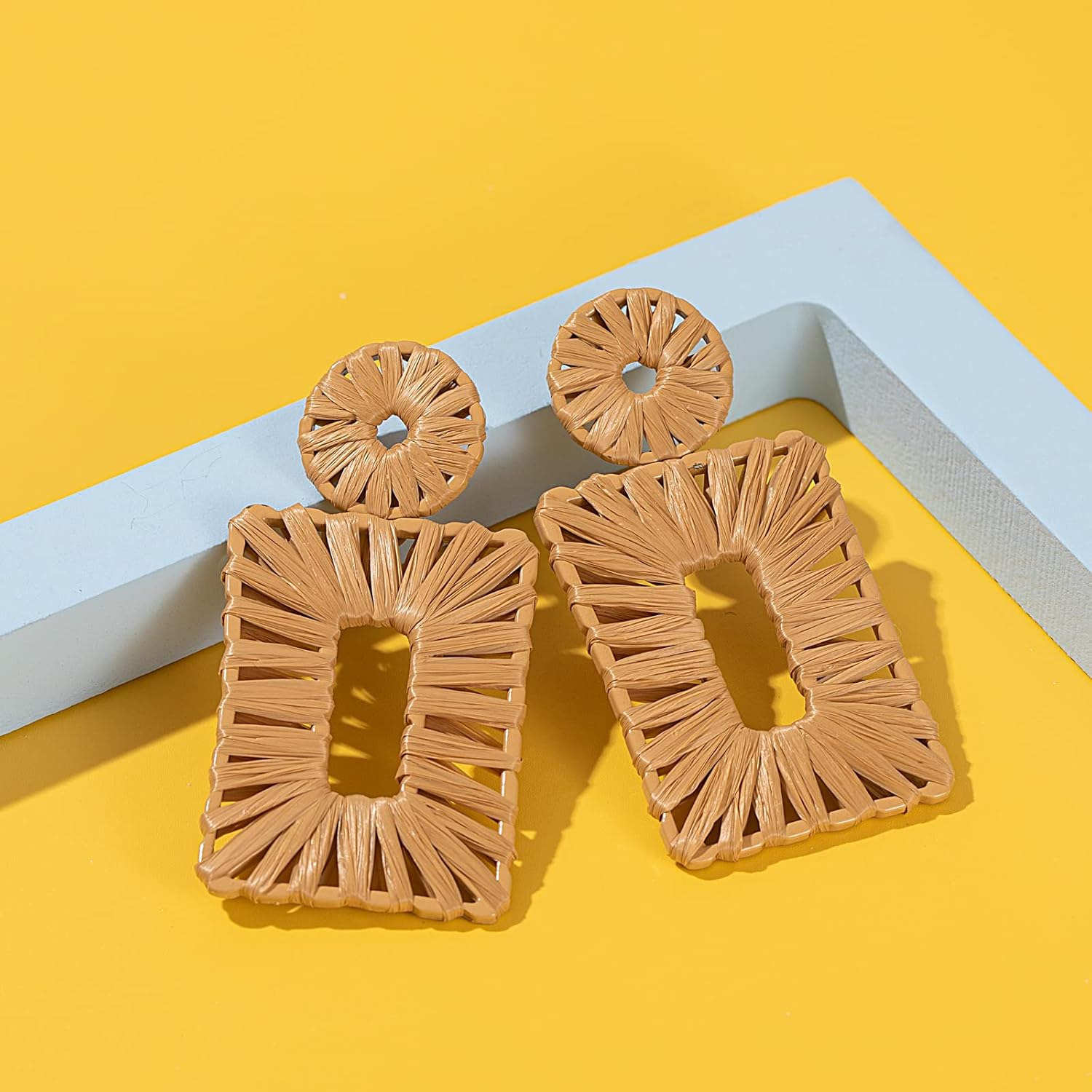 Statement Raffia Earrings Boho Square Drop Earrings Geometric Dangle Earrings for Women Gift Jewelry - Image 4