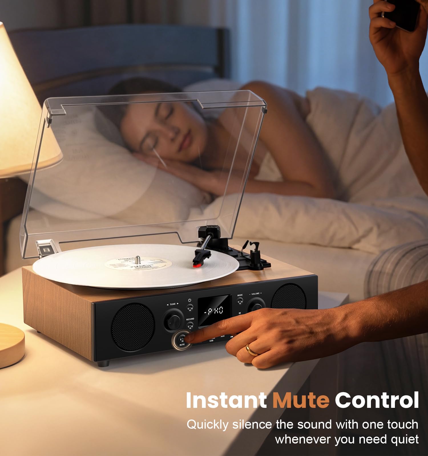 Heritage Walnut - Giradischi in vinile, 3 velocità, Bluetooth, con altoparlanti integrati, cartuccia stilo Ruby, giradischi HiFi con trasmissione a cinghia con radio FM, display LCD