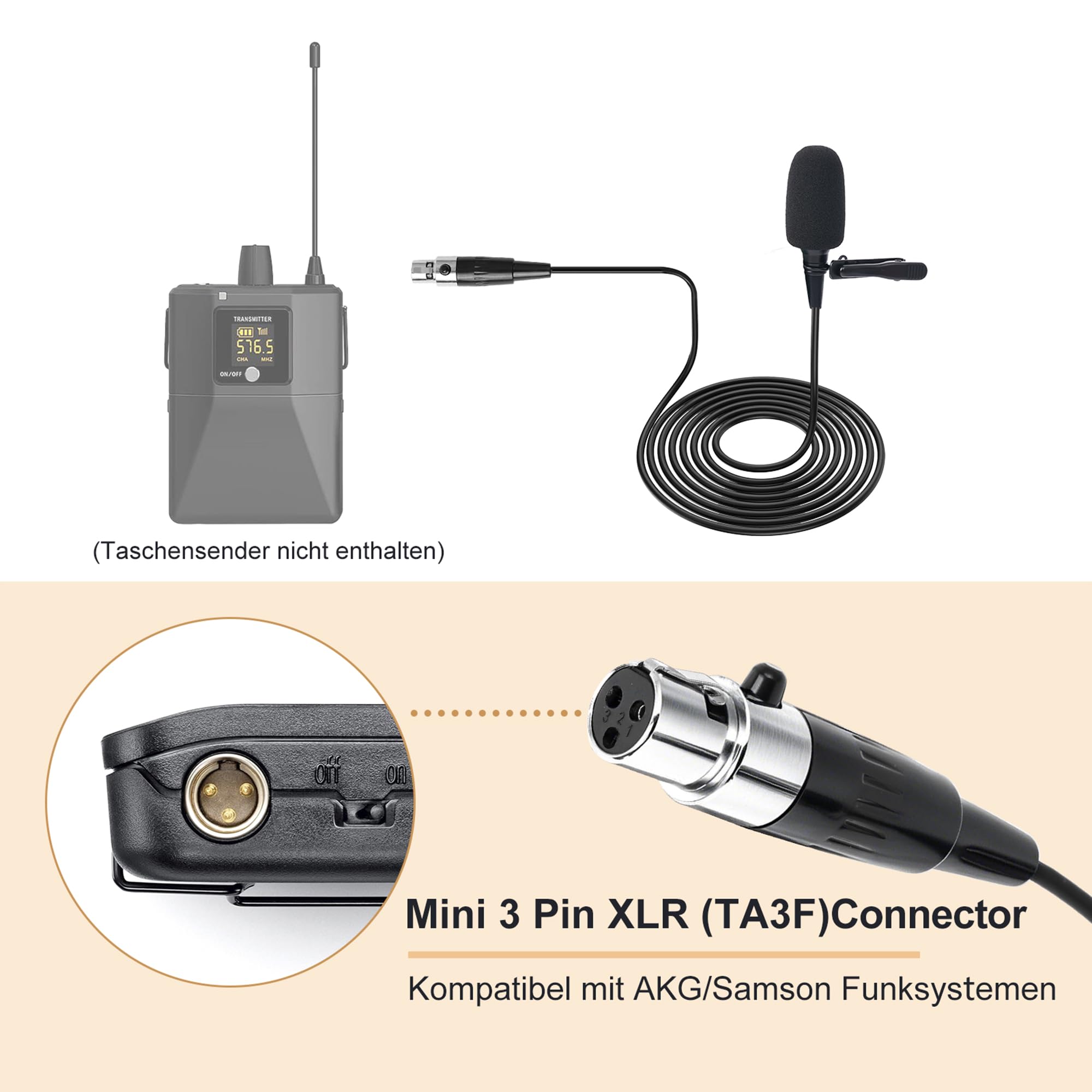 Lavalier-Mikrofon, Nieren-Kondensator Ansteckmikrofon kompatibel mit AKG/Samson Wireless Systemen, Mini 3 Pin XLR Stecker, ideal für Vorträge, Theater und Schauspieler