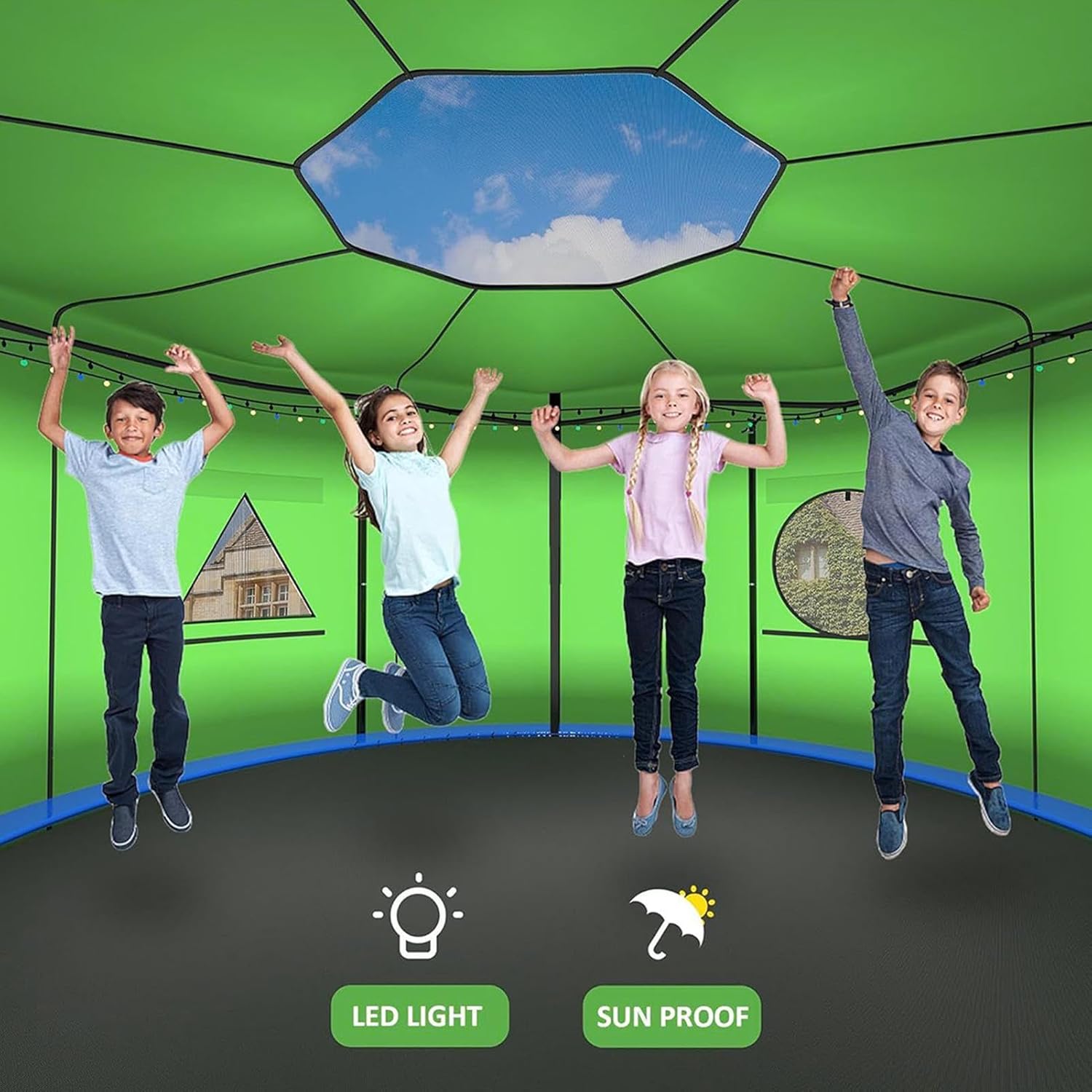 Trampoline Tent - Water-Resistant and Wind-Resistant Roof Enclosure Cover for Rain, RV, Winter, Summer, Camping, Playground, Garden, Easy Setup, Lightweight, UV-Protective, All-Season Outdoor Use