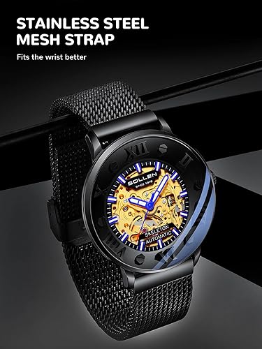 Miniatura 6 de SOLLEN Reloj automático esqueleto para hombre, reloj automático de esqueleto de doble cara para hombres