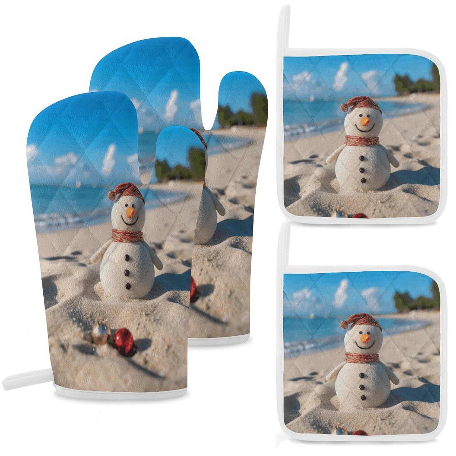 Sand Snowman on Beach Oven Mitts and Pot Holders Sets Heat Resistant Oven Glove with Hanging Loop for Baking Cooking BBQ Thicken Potholders for Kitchen