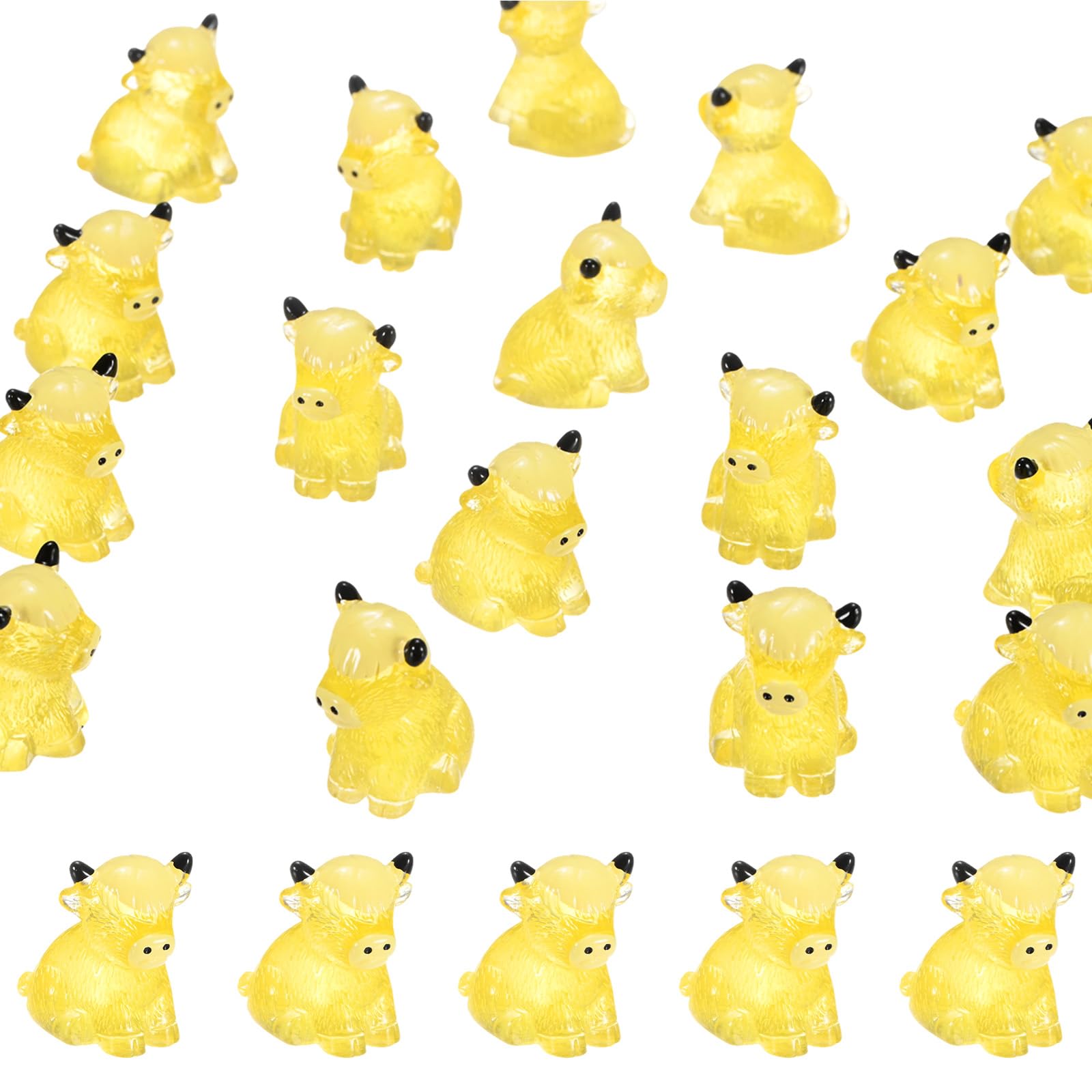 M METERXITY 20-Pack Luminous Mini Resin Highland Cow, Glow in the Dark Tiny Highland Cow for Terrarium/Micro Landscaping/Dollhouse, Miniature Animal Figurine to Place [Yellow, Sitting]