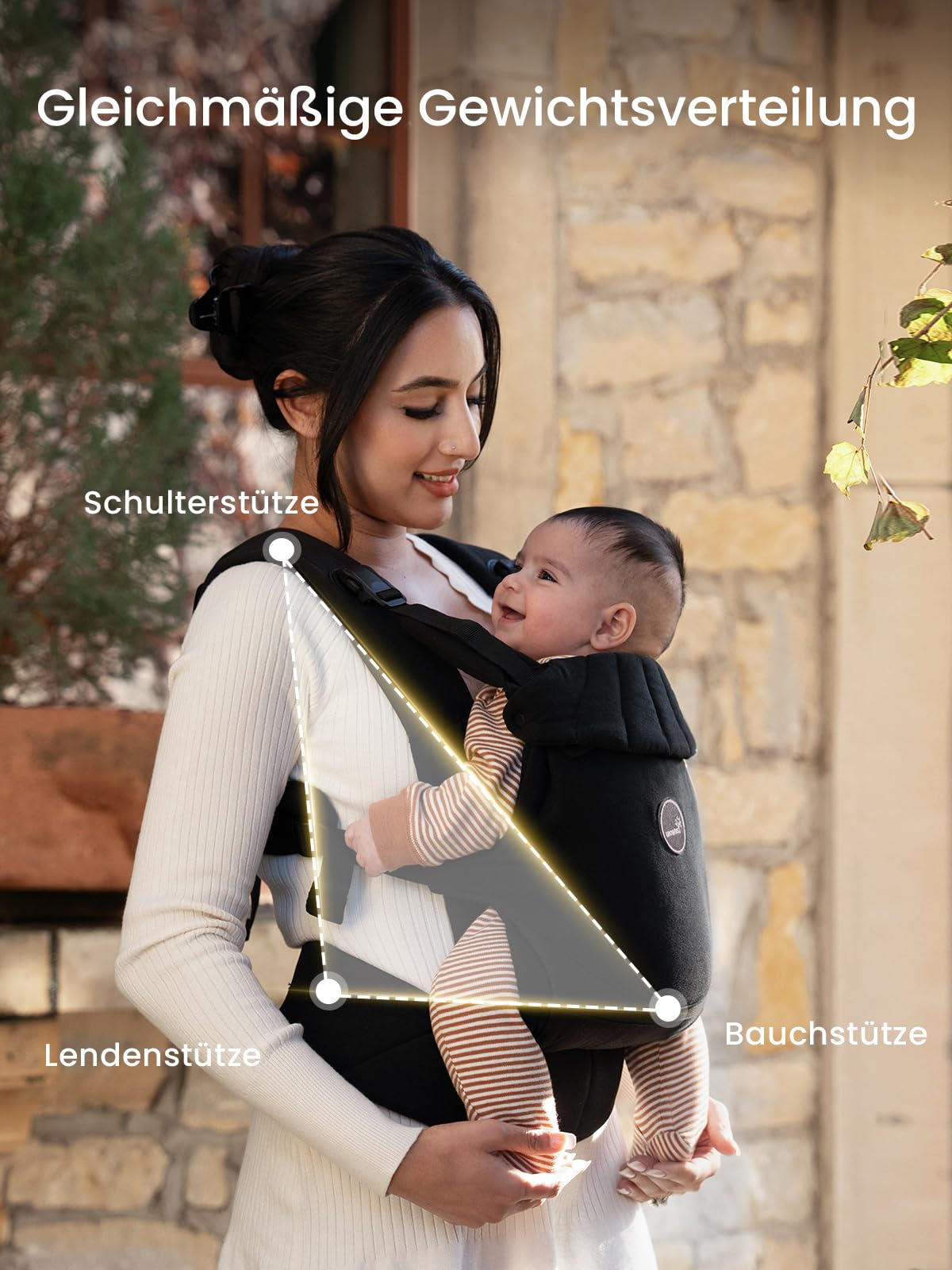 Grownsy Babytrage, Ein-Klick-Schnalle für Einfaches Anlegen, Bequemer Träger von Neugeborenem bis Kleinkind mit Kopfstütze (3-20kg, 3-24Monate), Ergonomisch & Leicht (Schwarz)