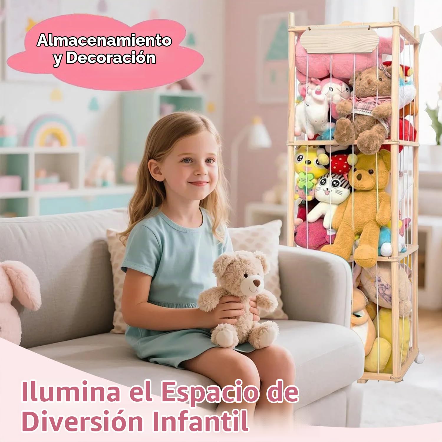 Organizador Peluches En Madera,Organizador Peluches,Guarda Con Reudas a 360°y Frenos,Ahorro De Espacio,Gran Capacidad,Portaositos De Peluche Para Habitaciones Infantiles,Salas De Juegos,Etc.