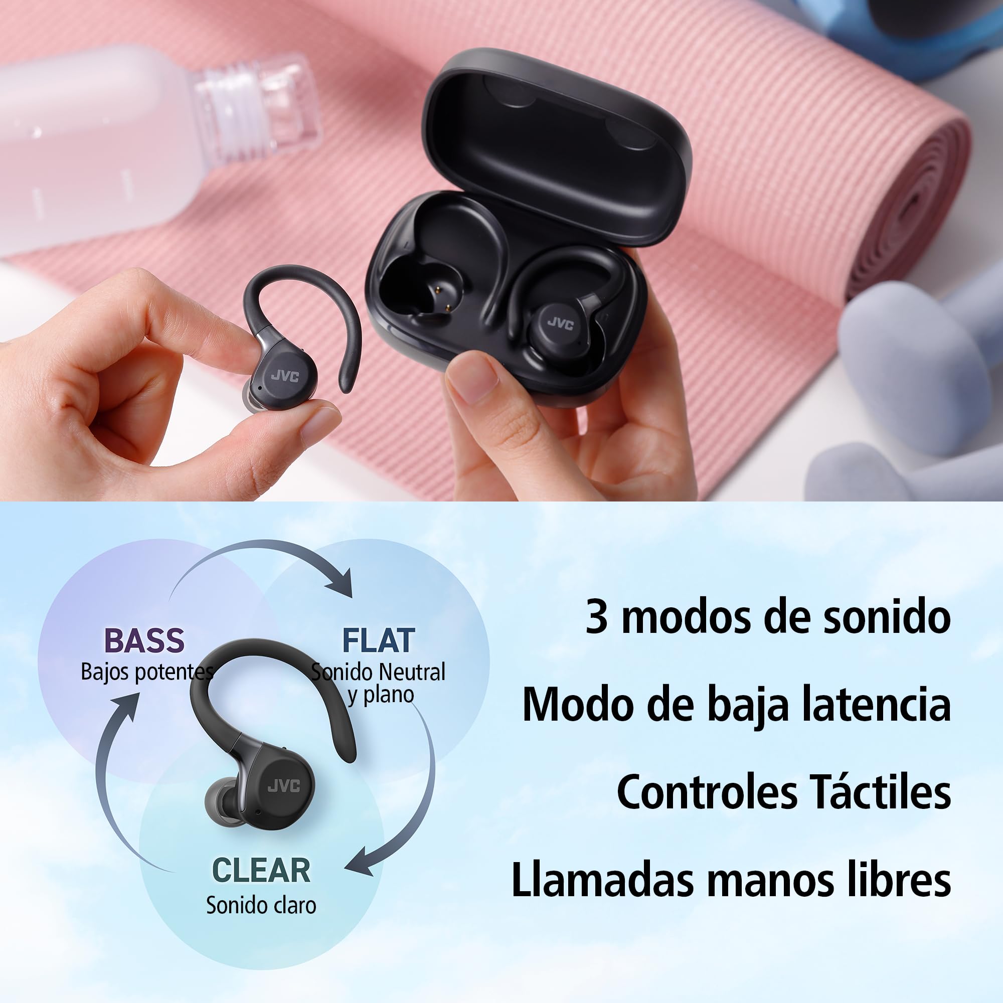 JVC Auriculares Inalámbricos Deportivos HA-EC75T, Ganchos Ajustables, 40h Batería, Cancelación de Ruido + Modo Ambiente, Resistencia IP57, Baja Latencia, Micrófono – Negro | Conciencia del entorno, gancho flexible seguro, sonido claro AAC, control táctil,