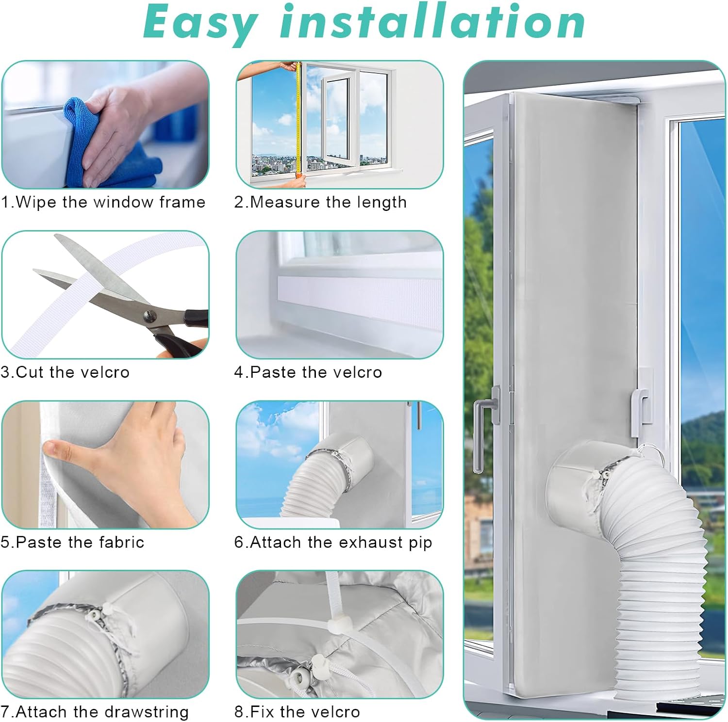 Fohil 500CM (196") Portable AC Window Seal Kit, Window Vent Seal Kit for Portable Air Conditioner Dryer, Waterproof Full Sealing A/C Vent Sealing Cloth for Push Out Windows