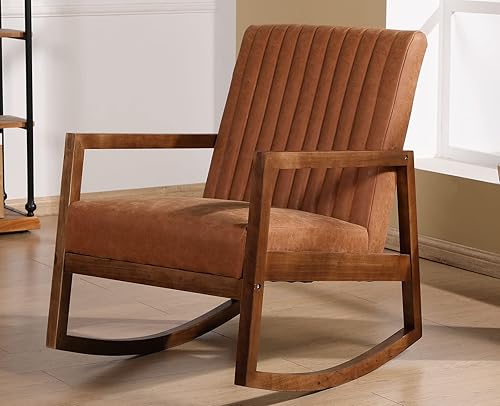 Miniatura 28 de VESCASA Mecedora tapizada con respaldo copetudo de canal, moderna y cómoda de mediados de siglo con cera de aceite de piel sintética con marco de