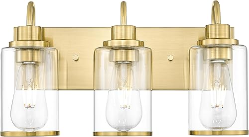 Beionxii BX-VL01BG-3CG - Lámpara de tocador de baño, 3 lámparas doradas claras con pantalla de cristal transparente, accesorios de iluminación