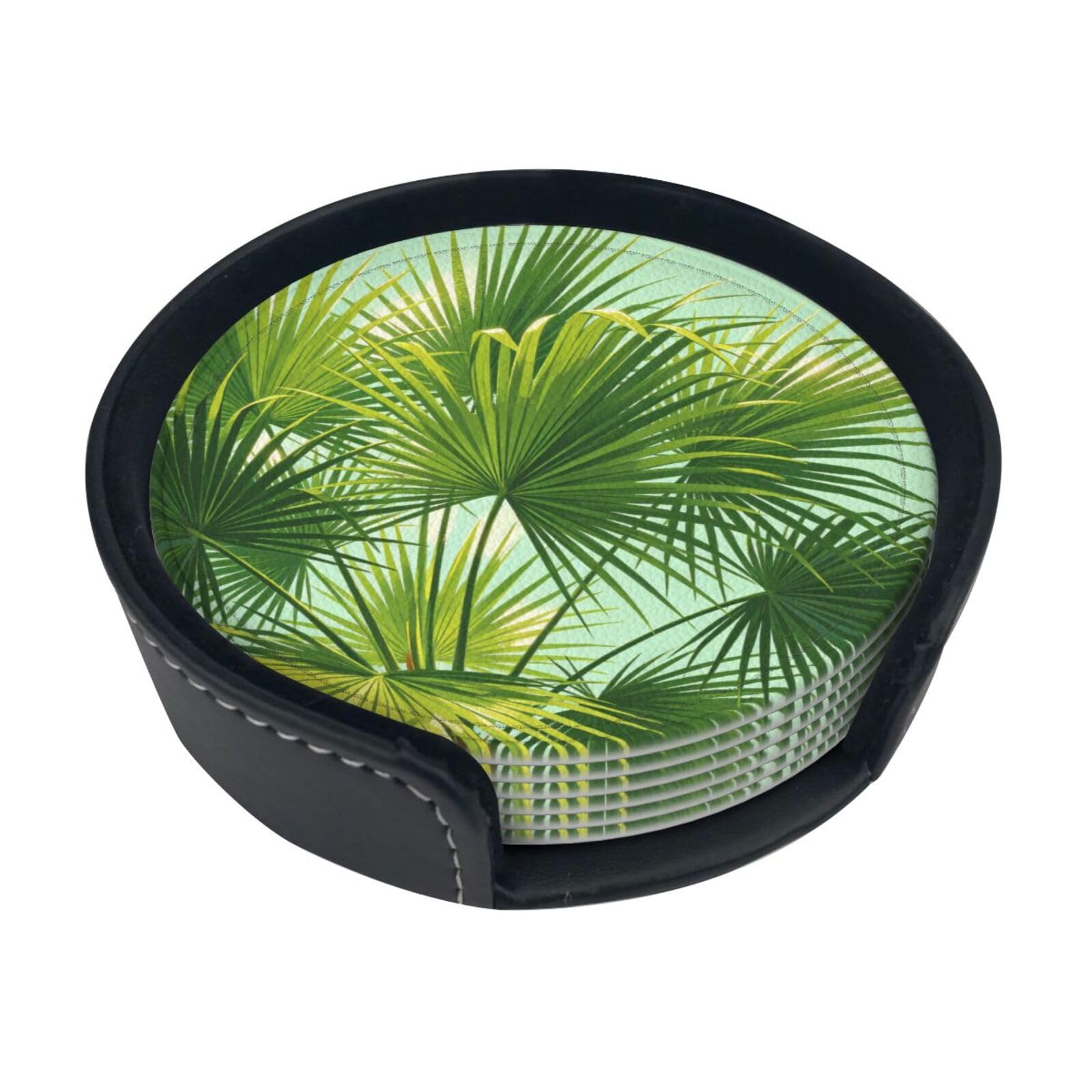 Cntdbu White Green Palm Leaf Leather Coasters Set Of 6-Pu Leather Drink Mats For Table, Heat Resistant Round Coasters With Holder