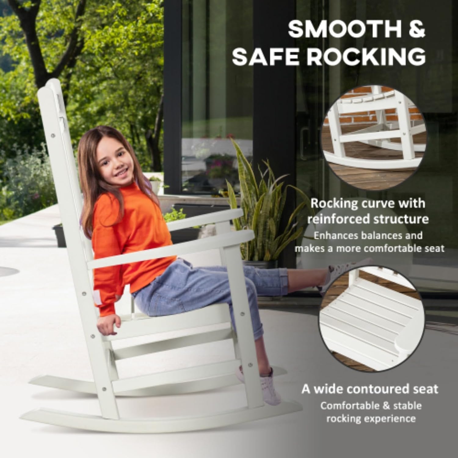 Outdoor Wooden Rocking Chair, Lounge Chair, Rustic High Back, Armrests, Oversized Seat and Slatted Back, Patio Folding Lawn Rocking Chair Set for Garden, Patio, Balcony