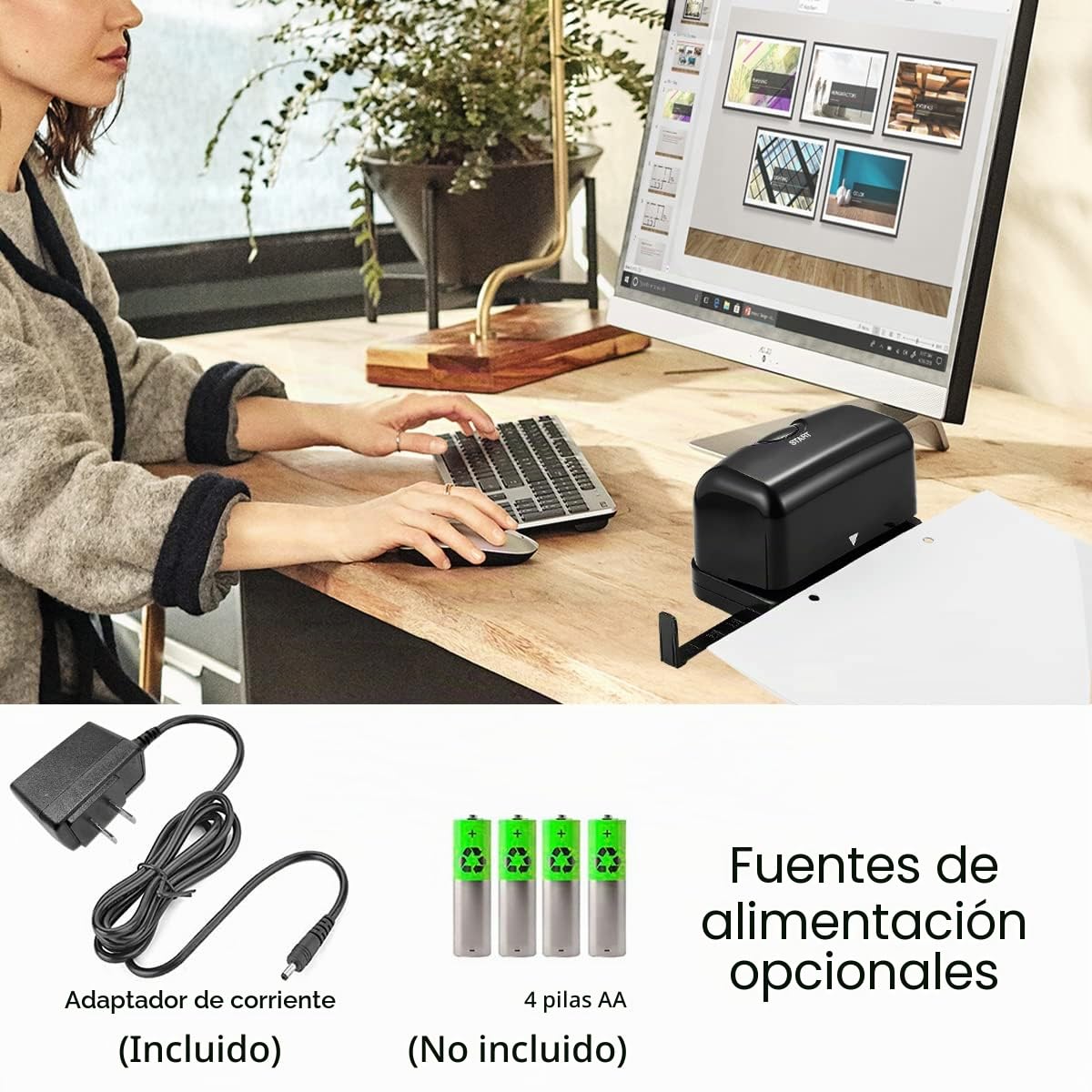 Perforadora eléctrica de 2 agujeros, perforadora VEYETTE negra, perfora hasta 12-15 hojas de papel, CA o batería