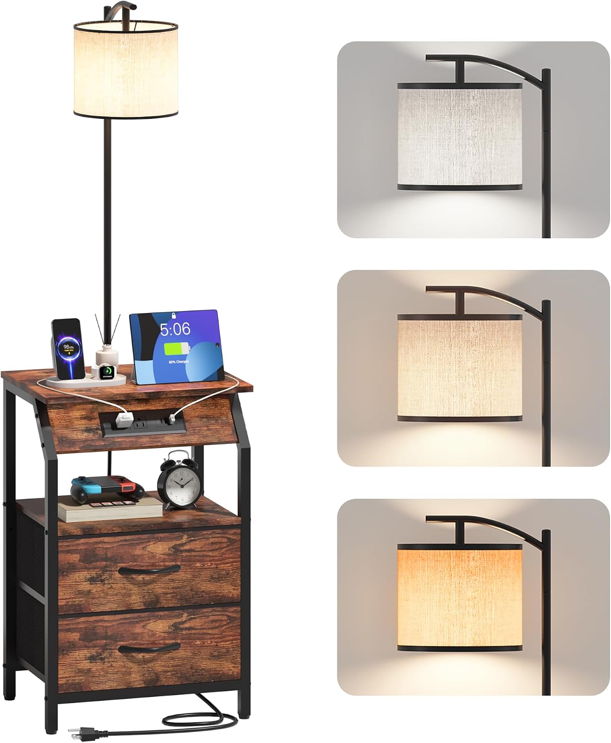 End Table with Floor Lamp, Nightstand with Charging Station, Floor Lamp Table with 3-Color Temperature Bulb, Bedside Table Night Stand with 2 Drawers for Bedroom, Living Room, Brown