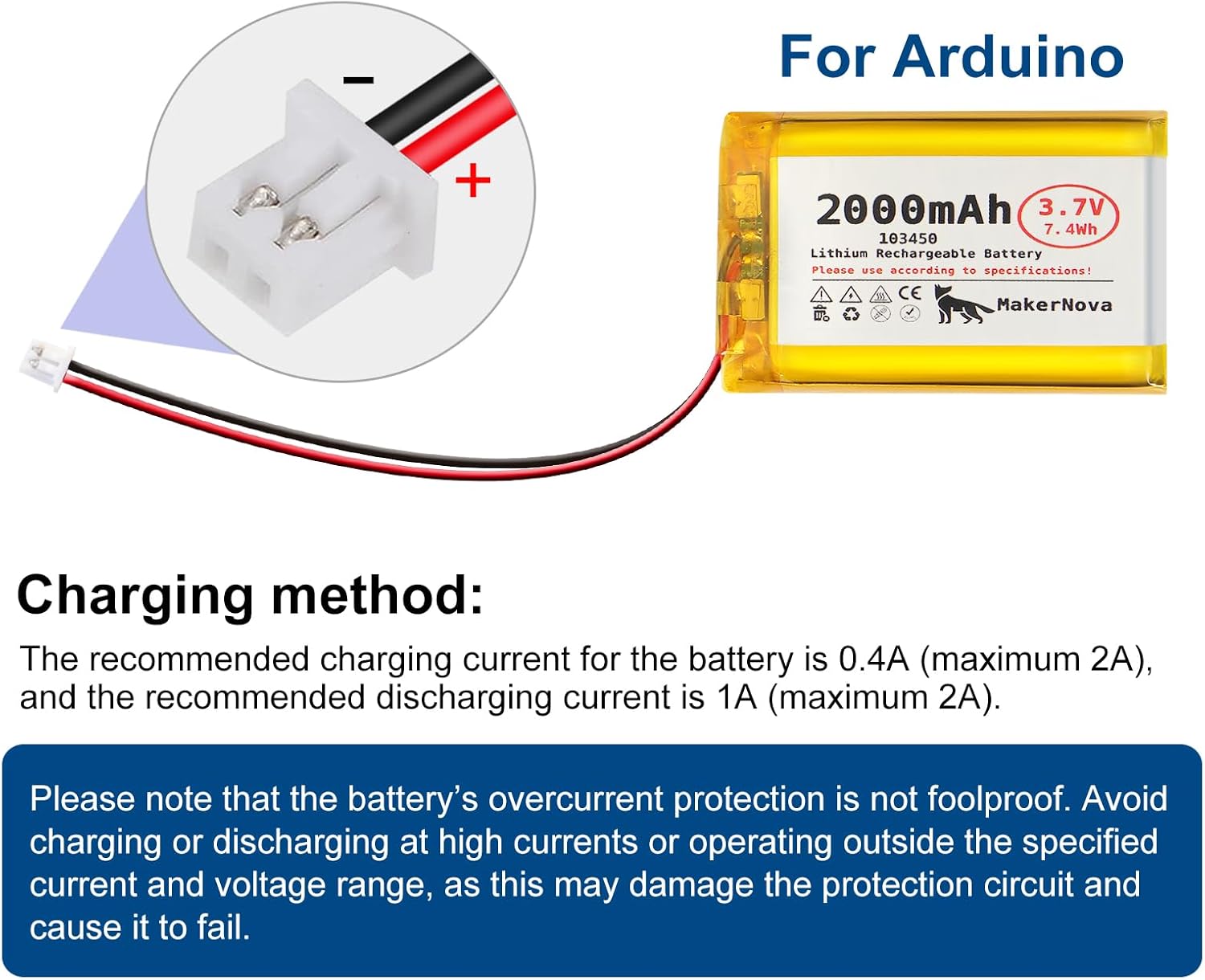 3.7V 103450 2000mAh LiPo Battery, 1S 3C Rechargeable, Micro JST 1.25 Connector, Dual Protection Board, 4 Pack