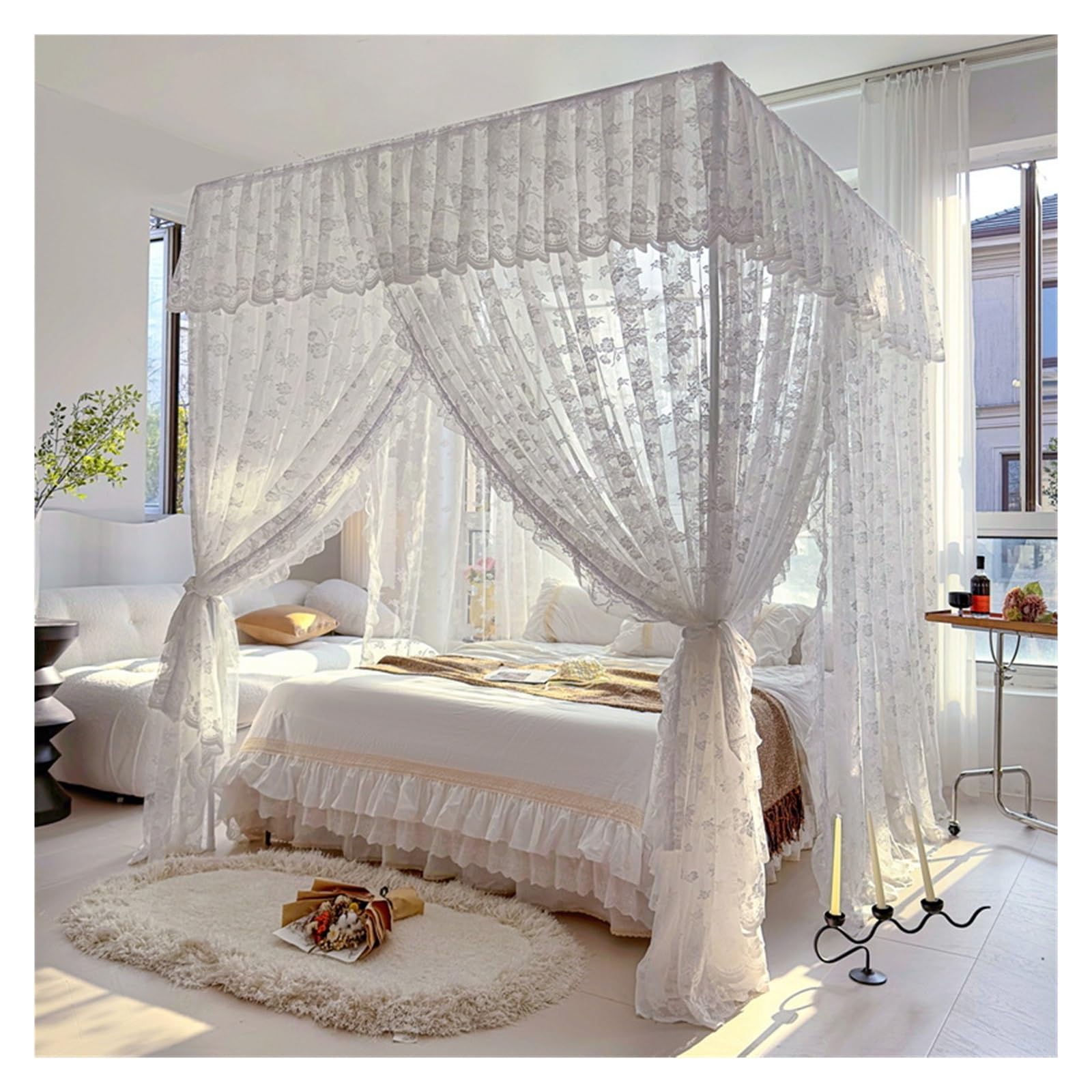 Mosquito Net with White Holder Romantic Three-door Lace Bed Curtain Room Decor 1.5m .8m Size(White,1.5x2.0M Bed)