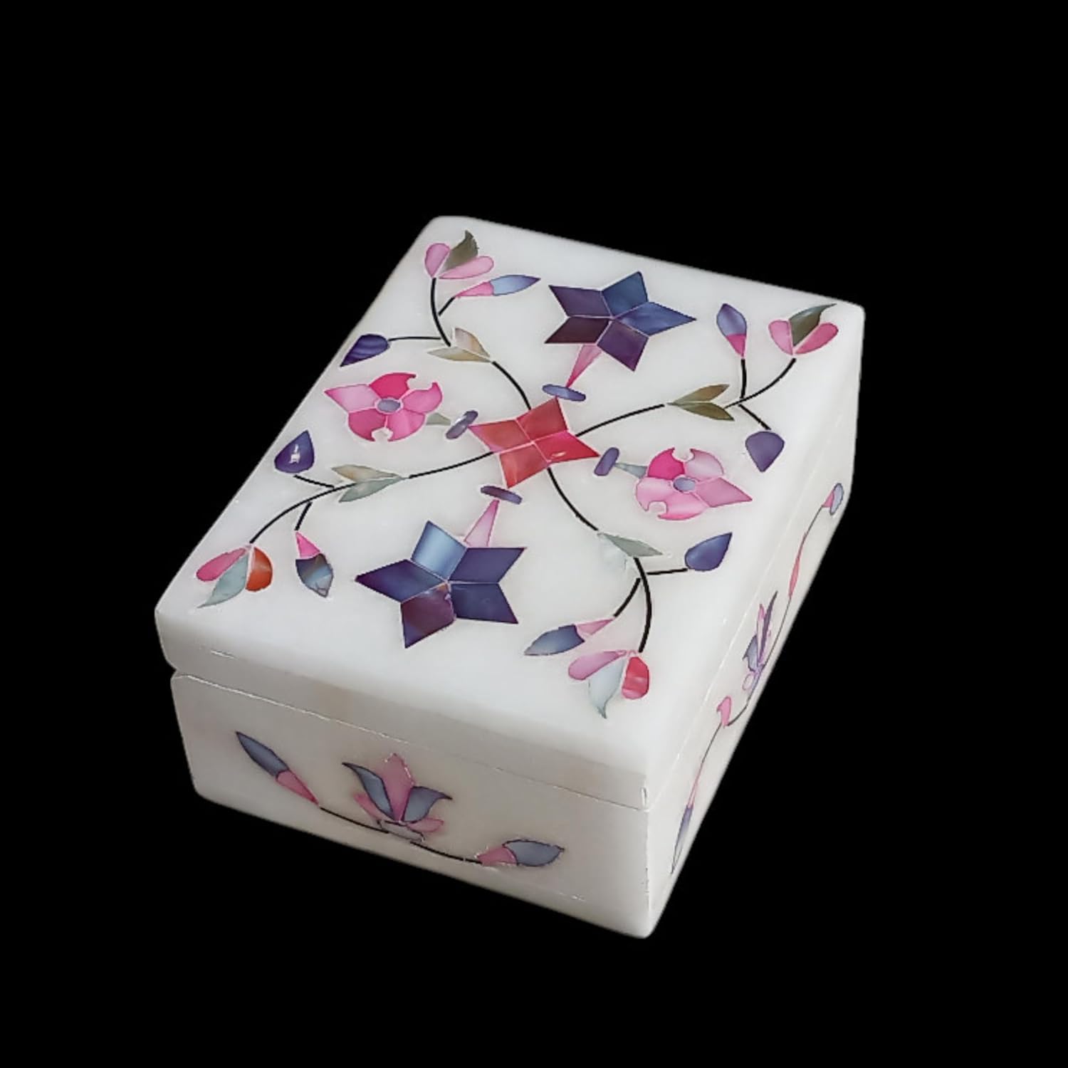 Decorative Marble Inlay Trinket Box 4x3 Inch – Handmade Pink Floral Design Jewelry Organizer, Ring & Keepsake Storage Box, Elegant Gift for Birthday, Anniversary, Wedding & Home Décor